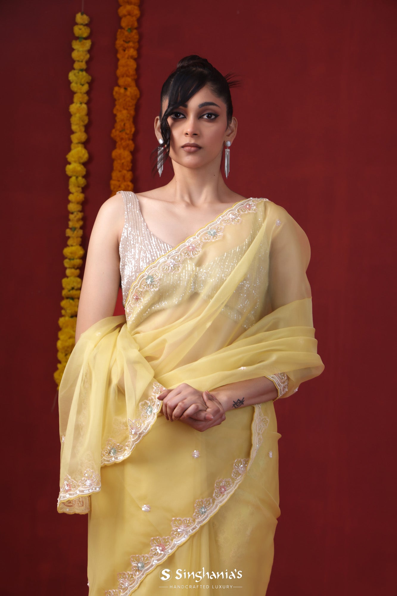 Vanilla Yellow Organza Handcrafted Saree With Floral Embroidery Border