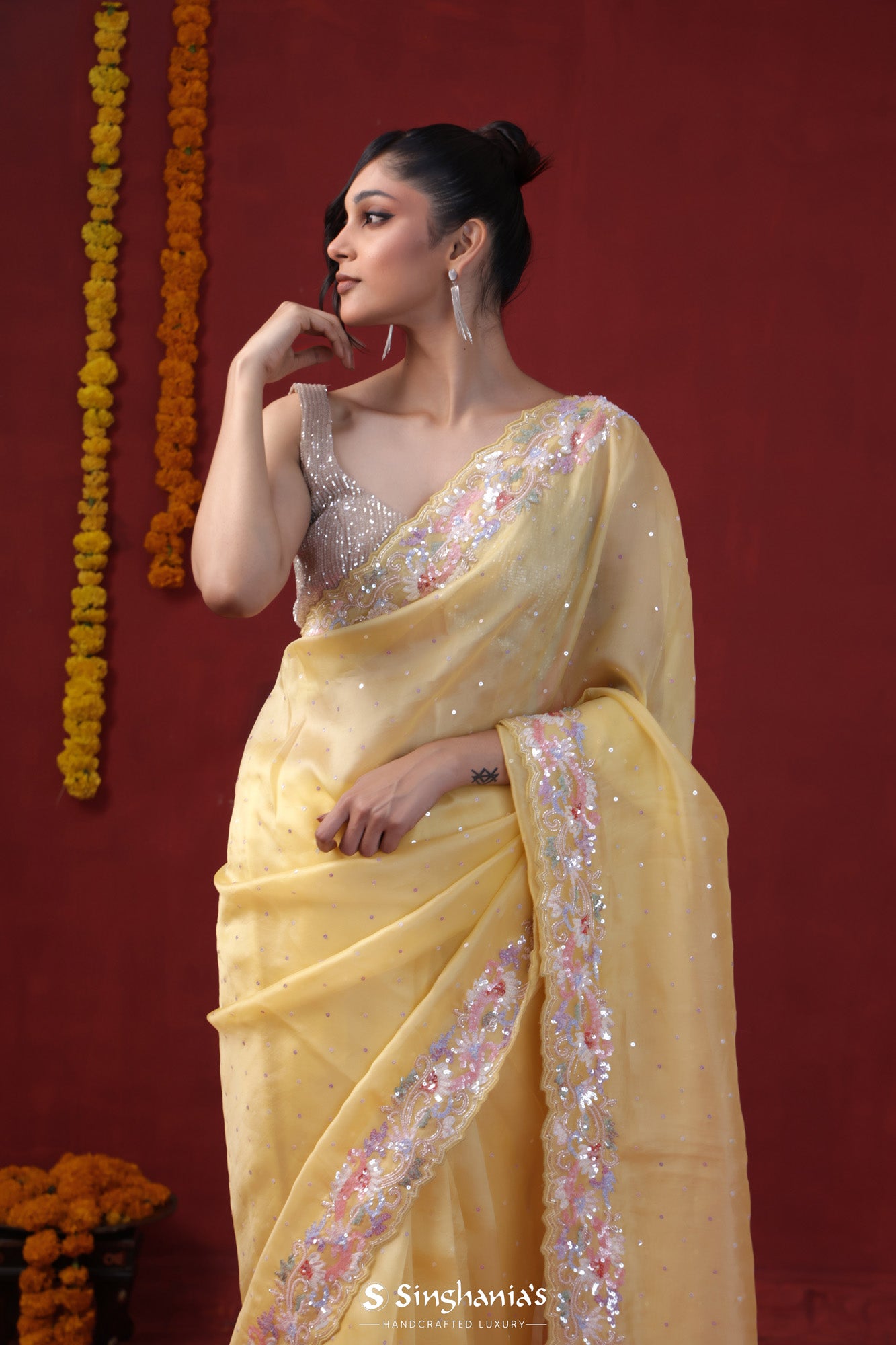 Flax Yellow Organza Handcrafted Saree With Floral Embroidery Border