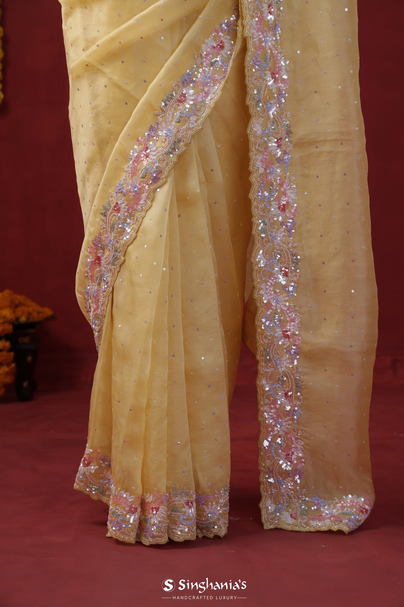 Flax Yellow Organza Handcrafted Saree With Floral Embroidery Border