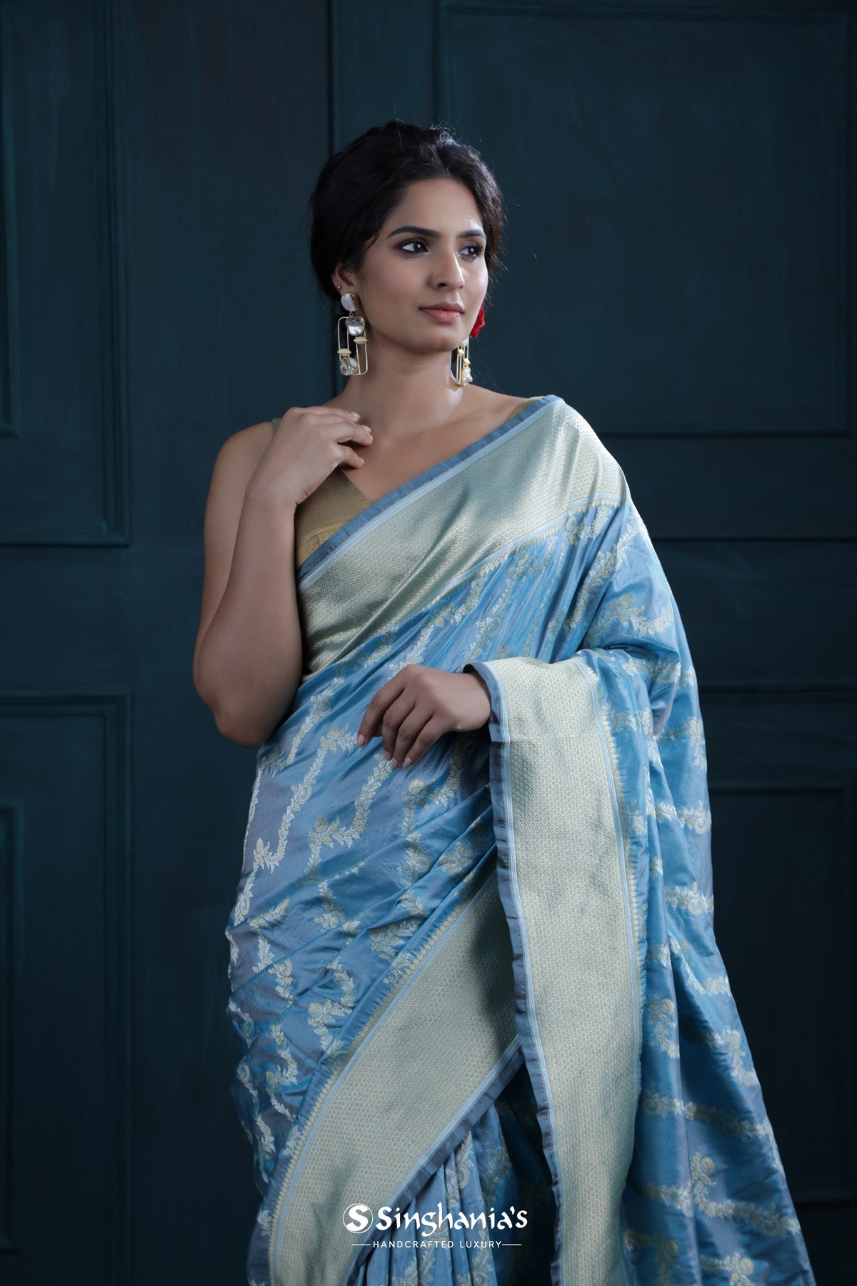 Celeste Blue Katan Banarasi Silk Saree With Floral Weaving