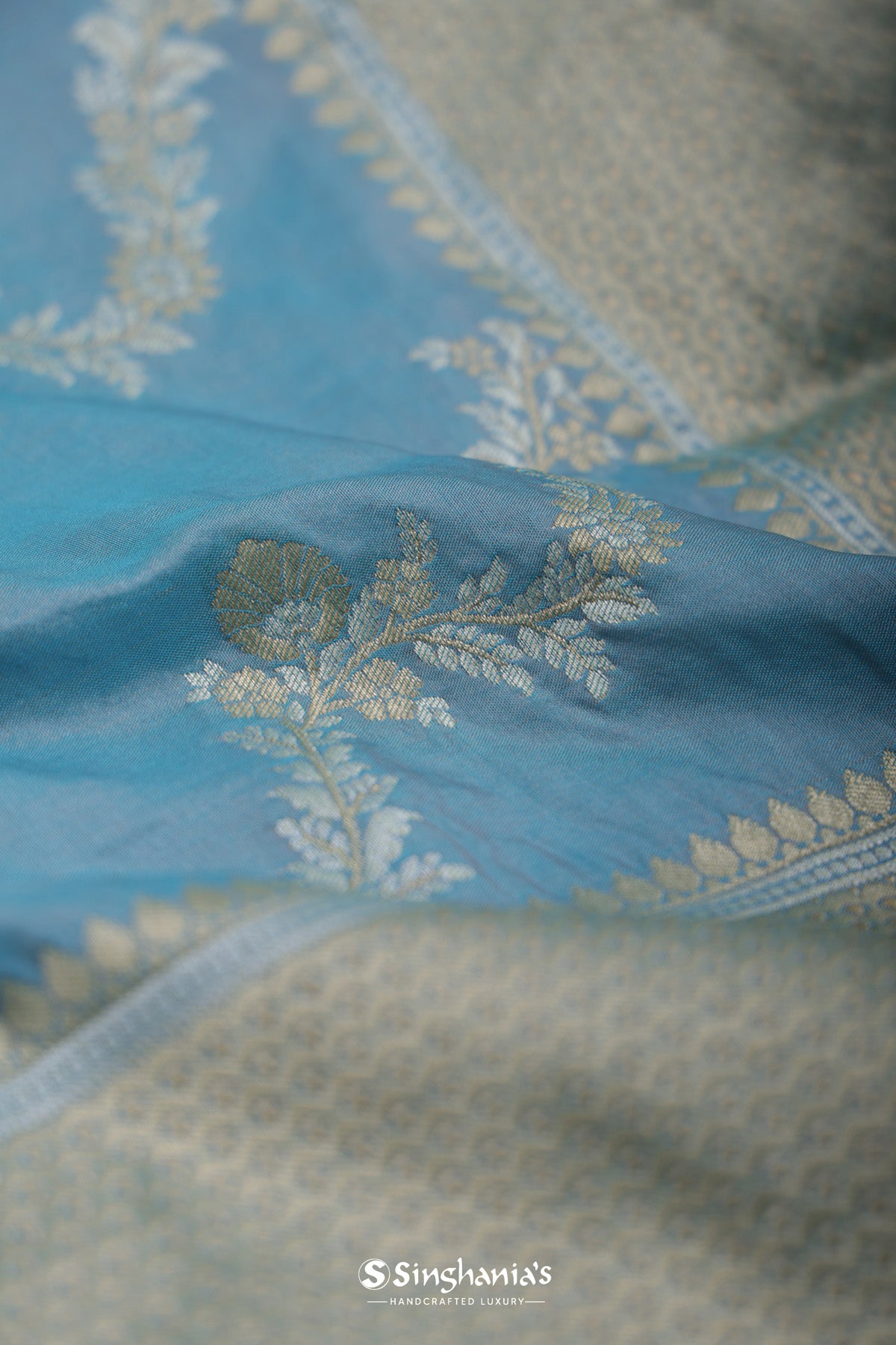 Celeste Blue Katan Banarasi Silk Saree With Floral Weaving