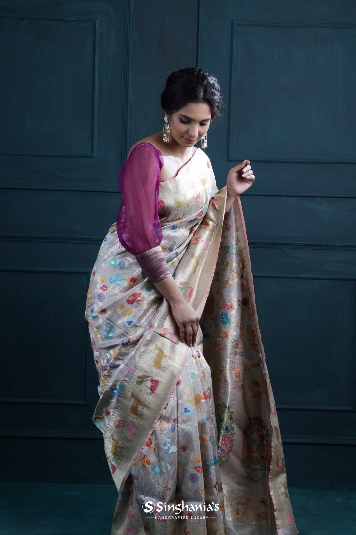Lavender Grey Banarasi Silk Saree With Shikaargah Weaving