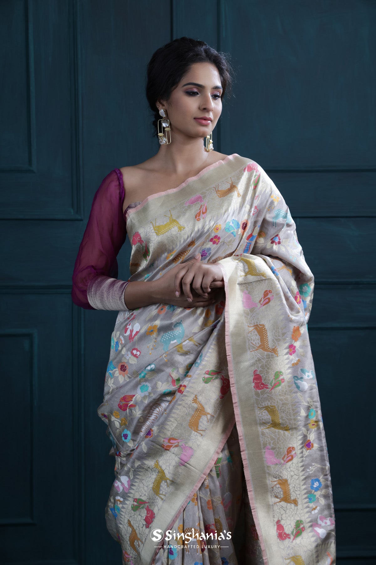 Lavender Grey Banarasi Silk Saree With Shikaargah Weaving