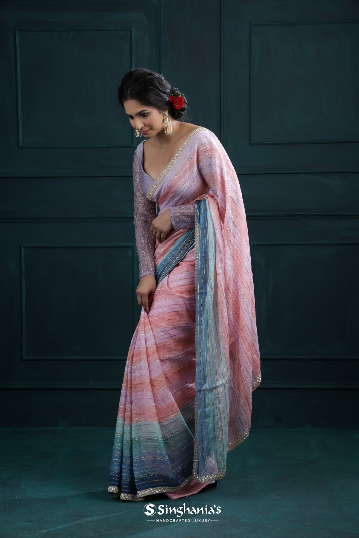Pink-Peach Printed Georgette Saree With Hand Embroidery