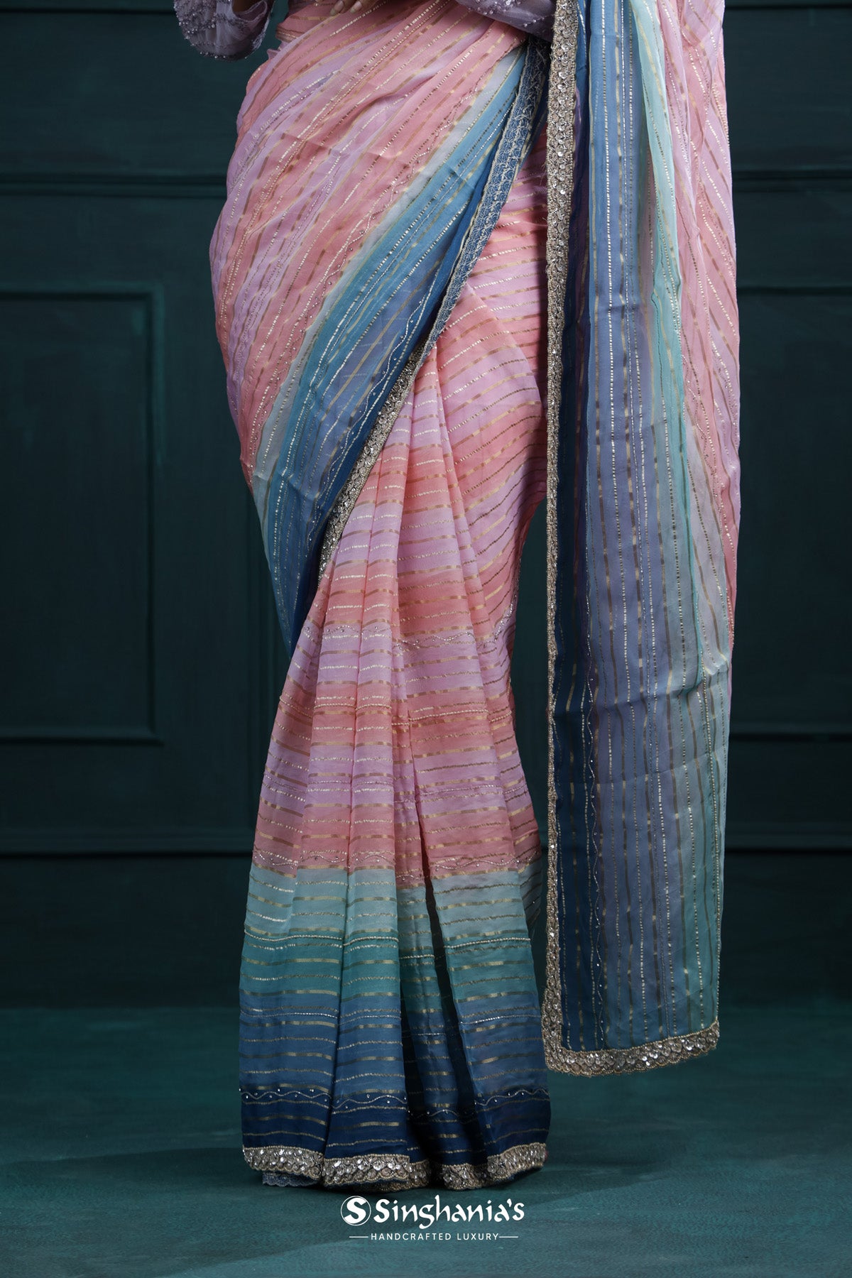 Pink-Peach Printed Georgette Saree With Hand Embroidery