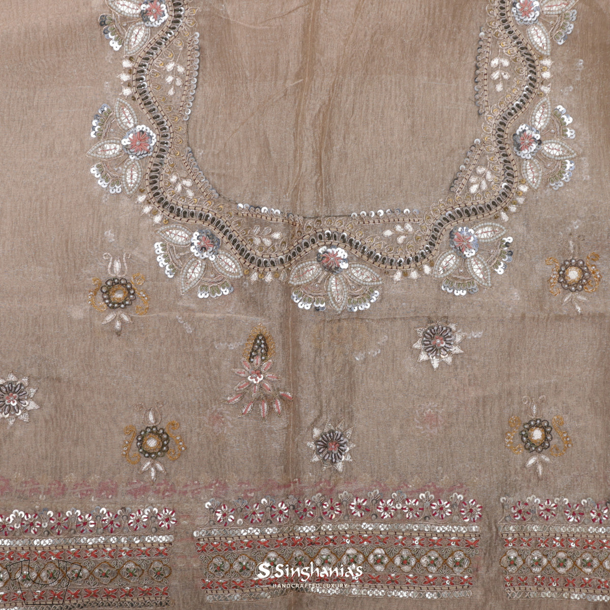 Almond Beige Tissue Organza Saree With Chikankari Embroidery