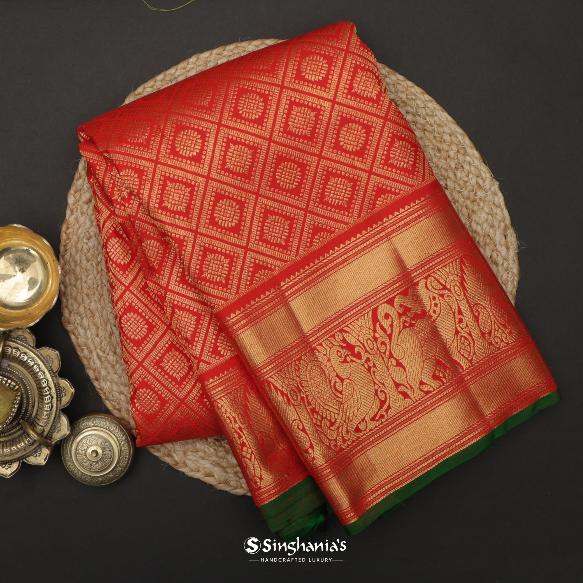 Persian Red Kanjivaram Silk Saree With Geometrical Weaving