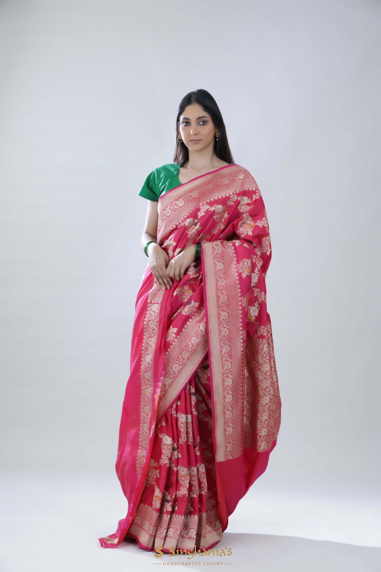 Amaranth Pink Katan Banarasi Silk Saree With Floral Jaal Weaving