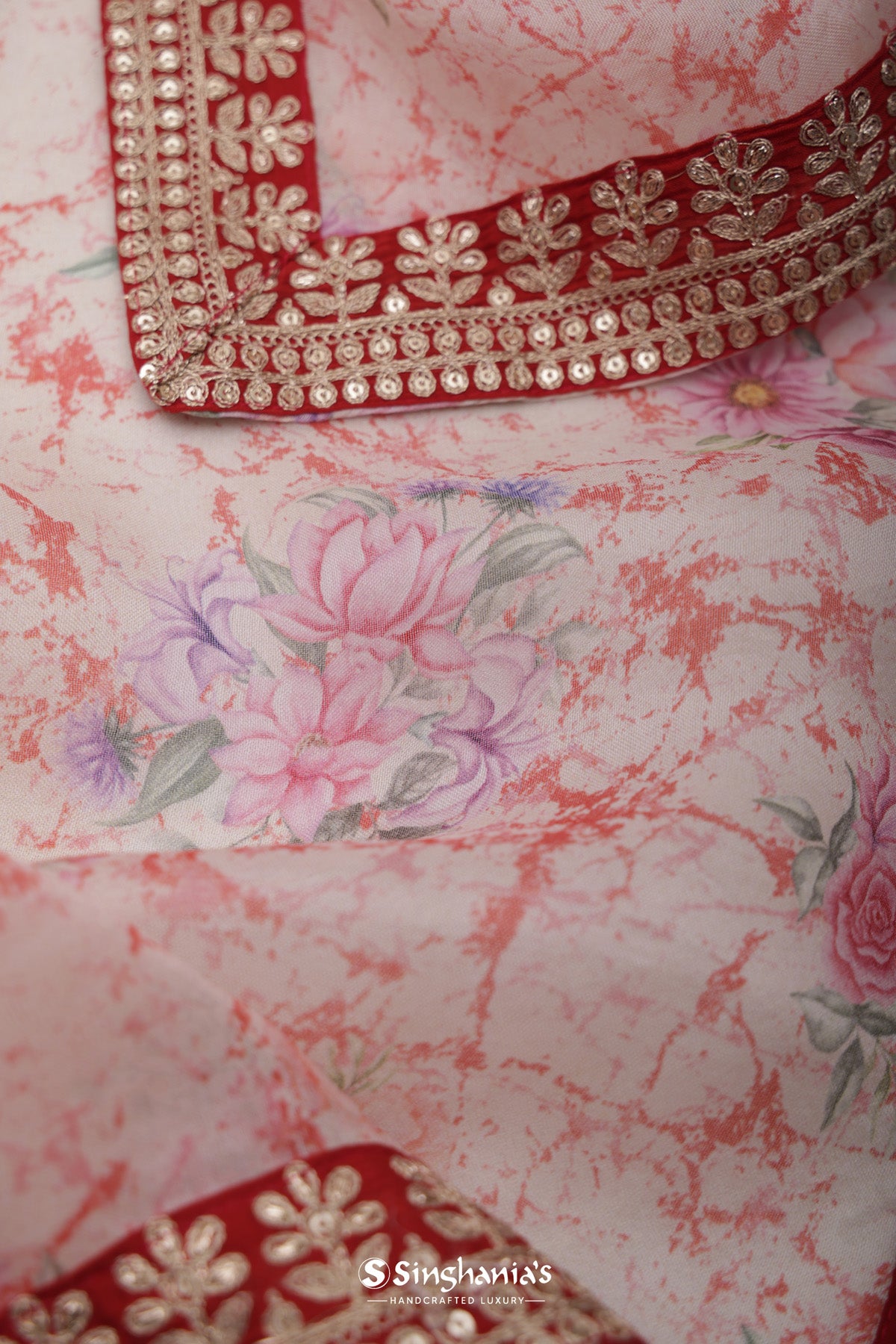Blush Pink Organza Floral Printed Saree