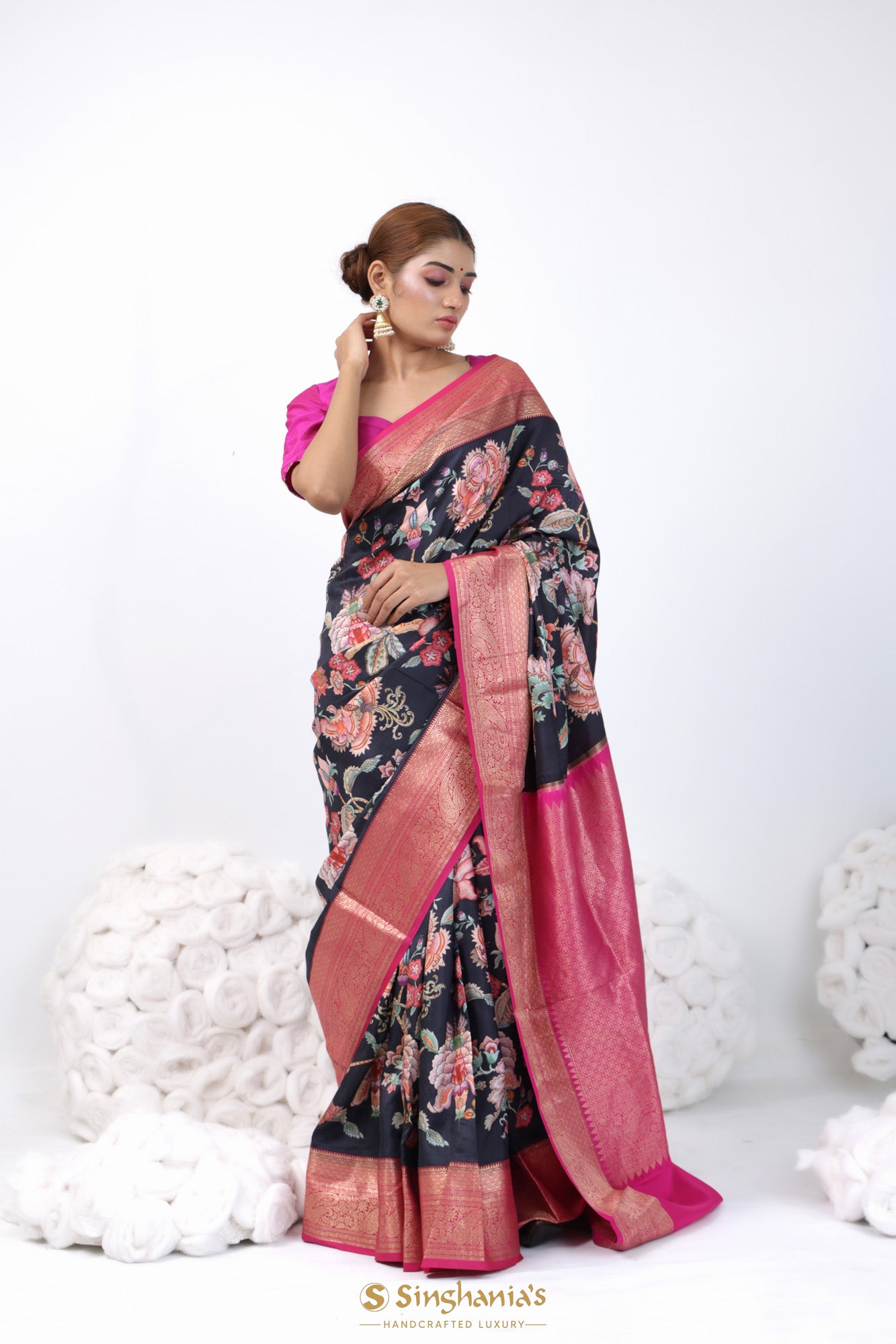 Pitch Black Kanjivaram Printed Saree With Floral Design
