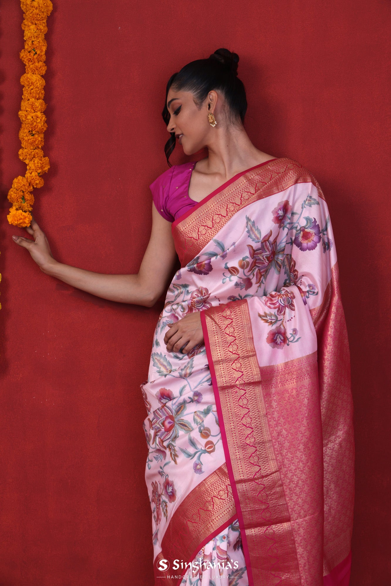 Carnation Pink Floral Printed Silk Saree With Kanjivaram Border