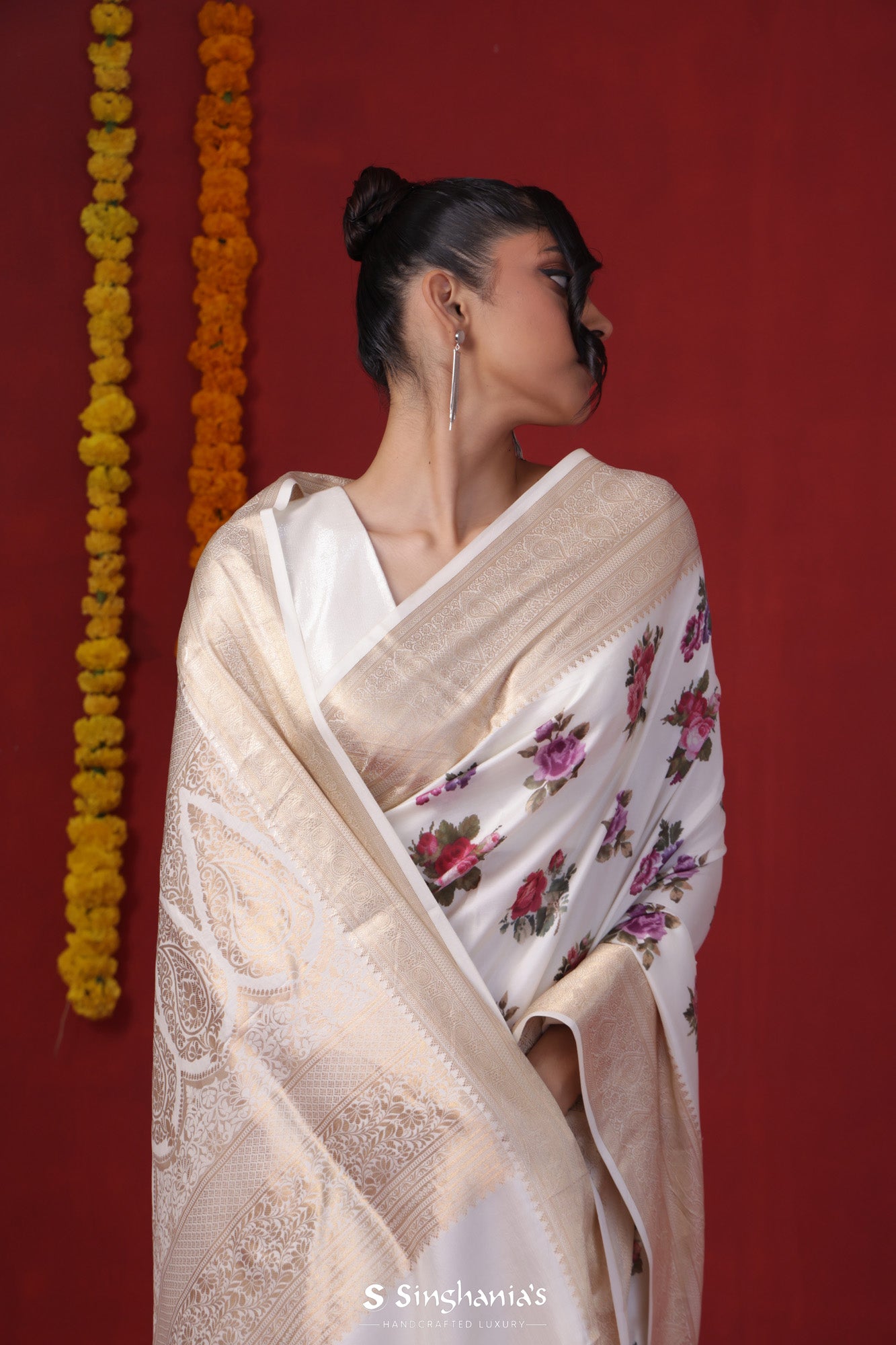 White Floral Printed Silk Saree With Kanjivaram Border