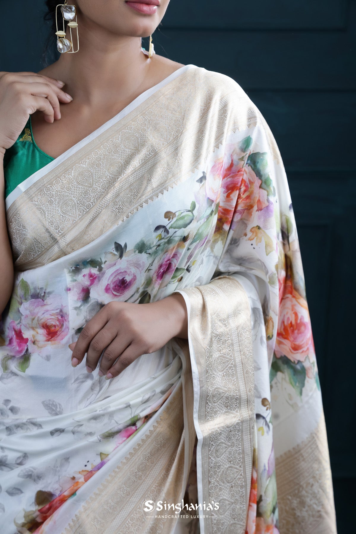 Banarasee Handwoven Pure Silk Cotton Saree With Antique Zari & Digital