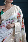Azureish White Printed Kanjivaram Silk Saree With Floral Design