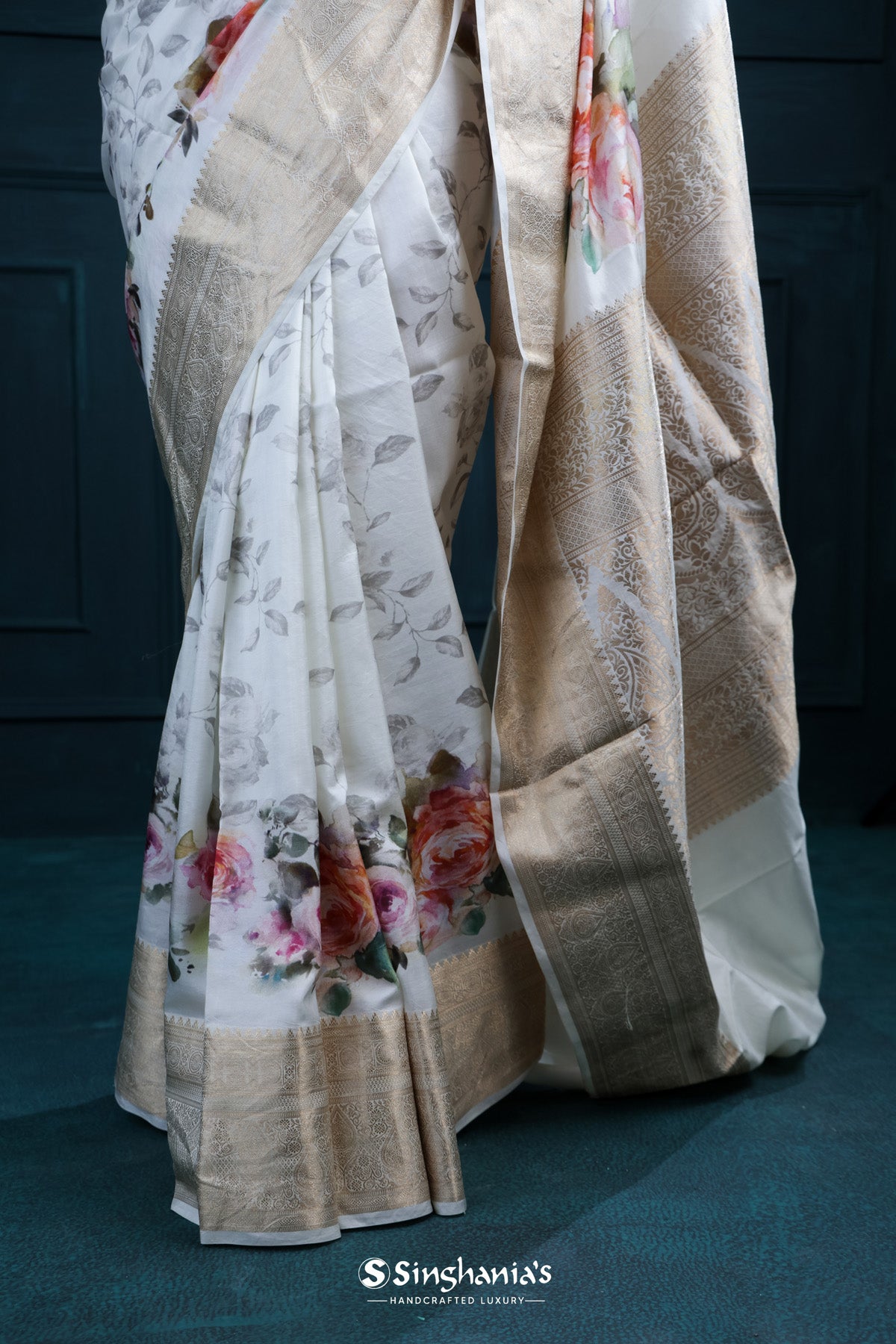 Azureish White Printed Kanjivaram Silk Saree With Floral Design