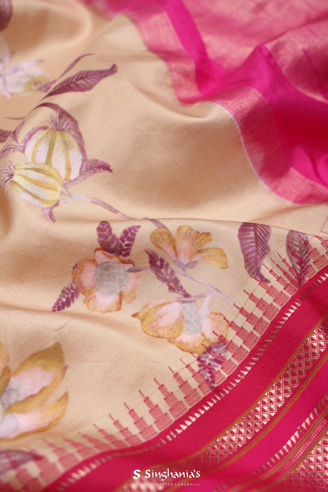 Cream Yellow Floral Printed Silk Saree With Kanjivaram Border