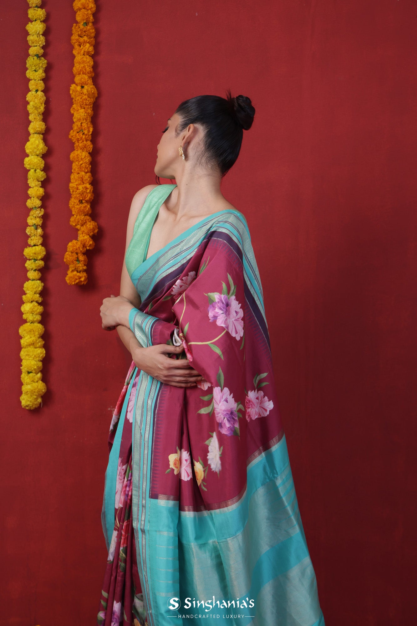 Maroon Floral Printed Silk Saree With Kanjivaram Border