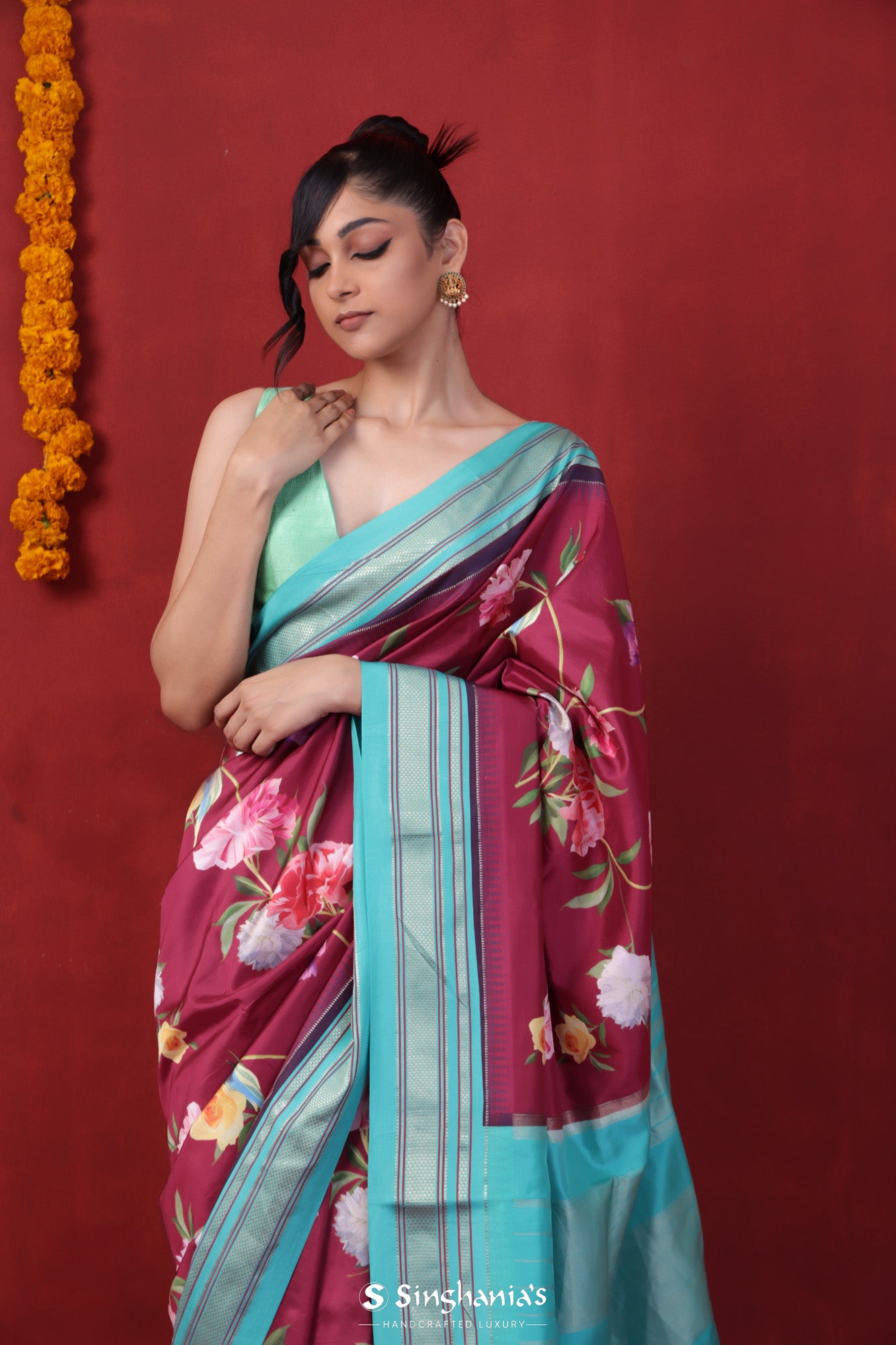 Maroon Floral Printed Silk Saree With Kanjivaram Border