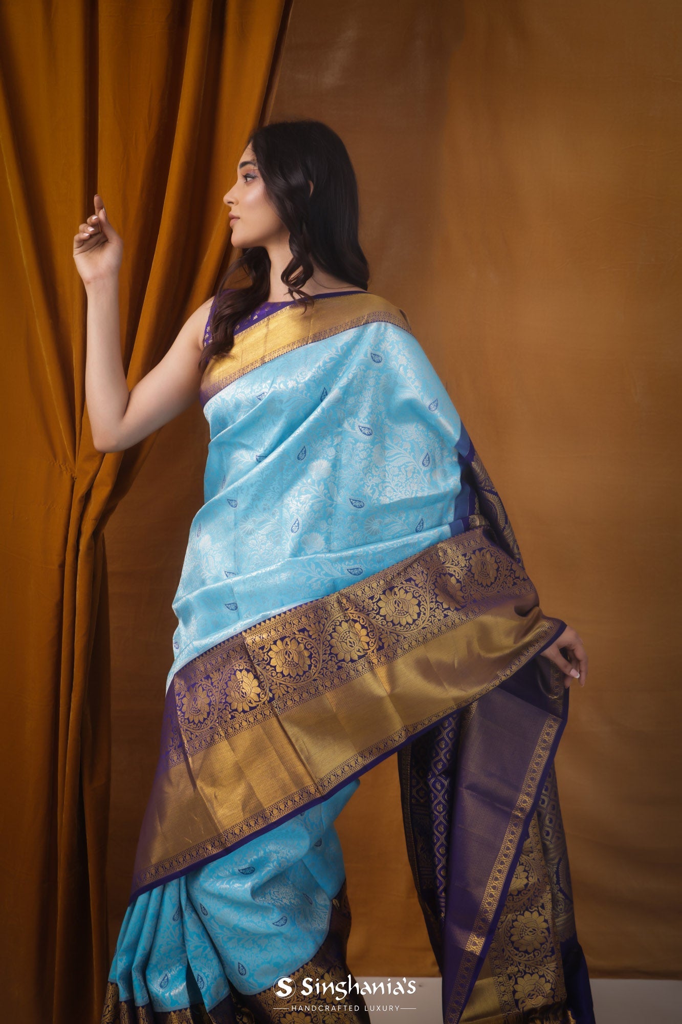 Sky Blue Meenakari Kanjivaram Silk Saree With Floral Jaal Weaving