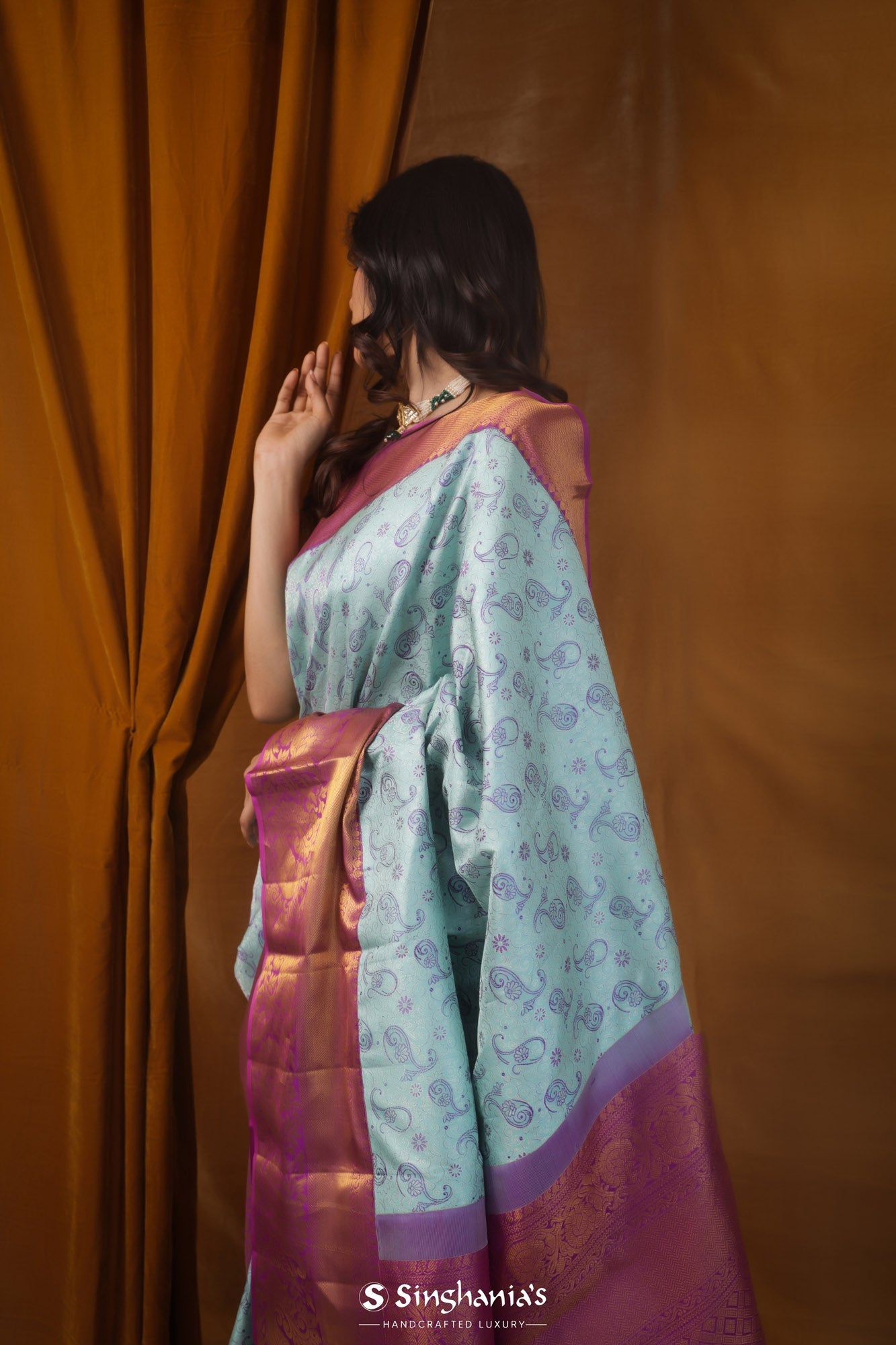 Tiffany Blue Kanjivaram Silk Saree With Floral Paisley Weaving