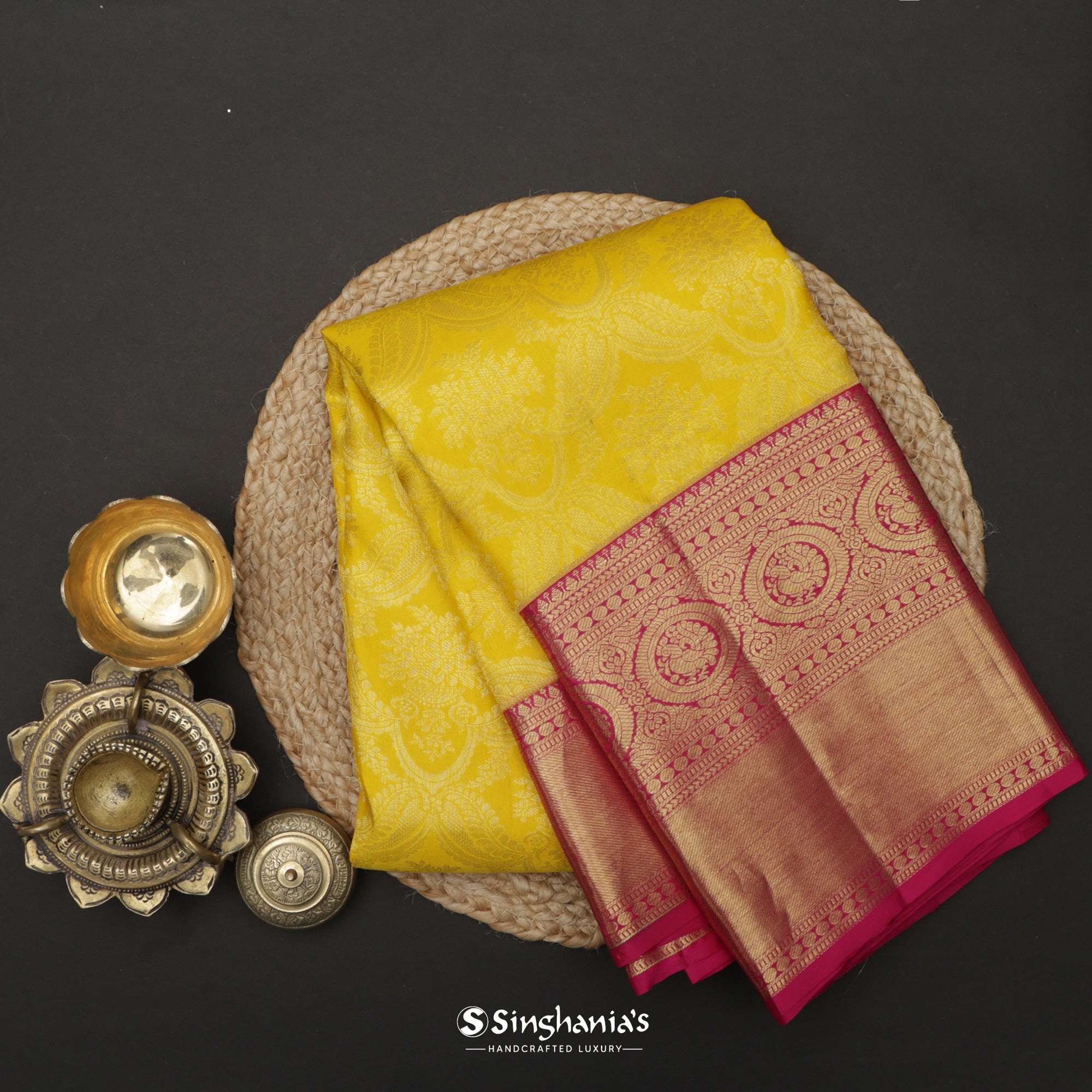 Sunflower Yellow Kanjivaram Silk Saree With Floral Jaal Weaving