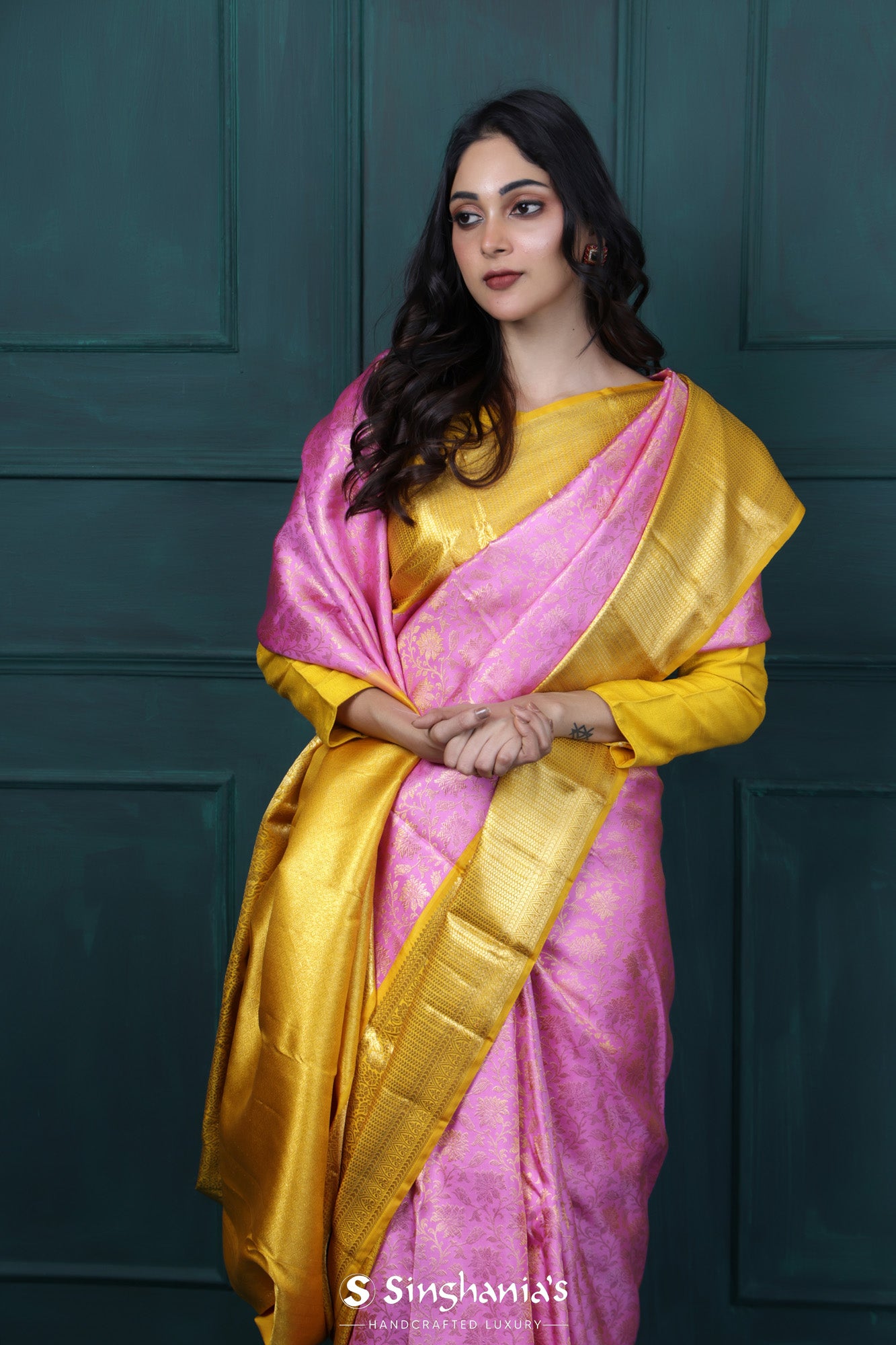 Lavender Pink Kanjivaram Silk Saree With Floral Jaal Weaving