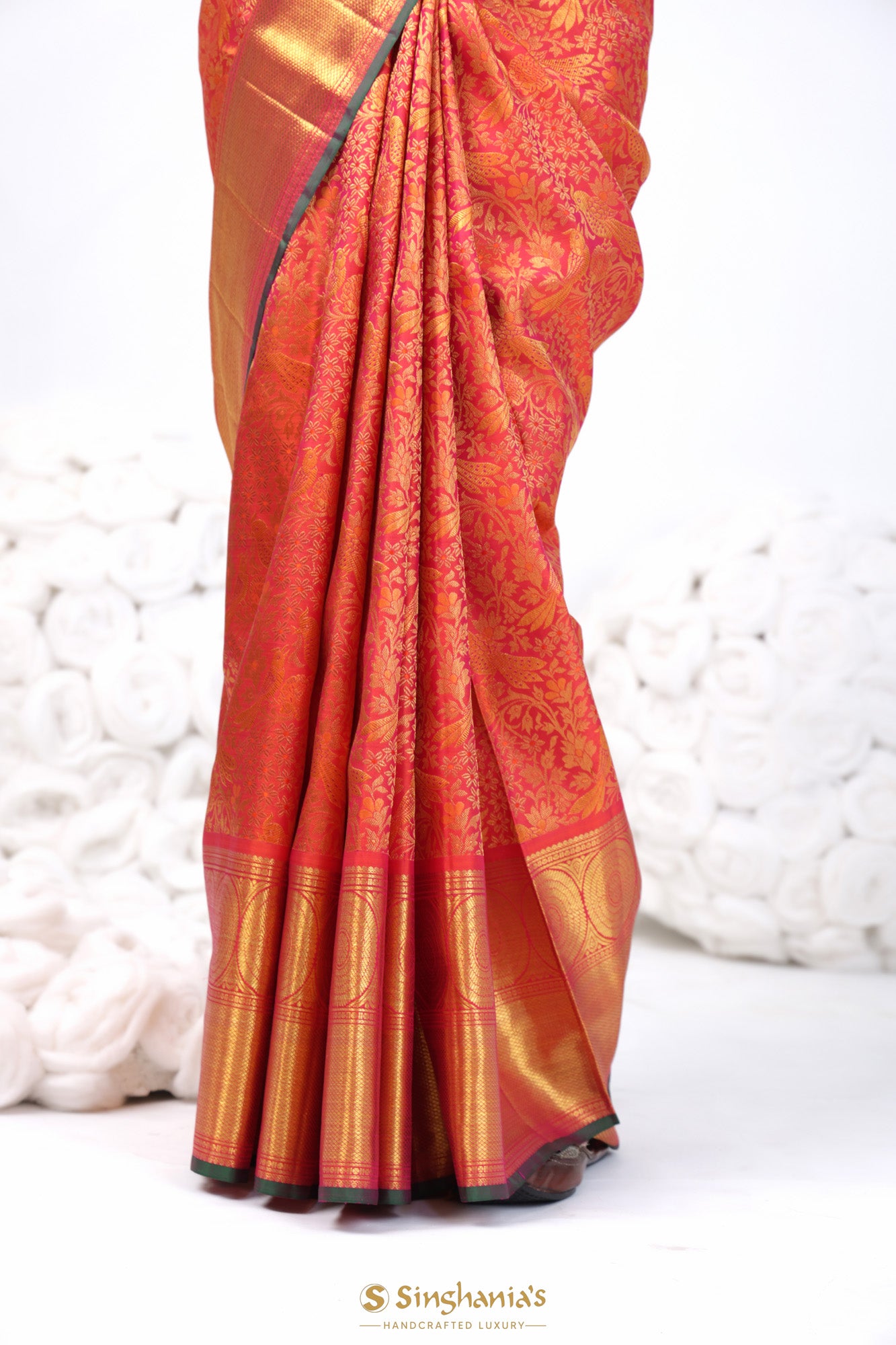 Poppy Red Kanjivaram Silk Saree With Floral-Bird Weaving