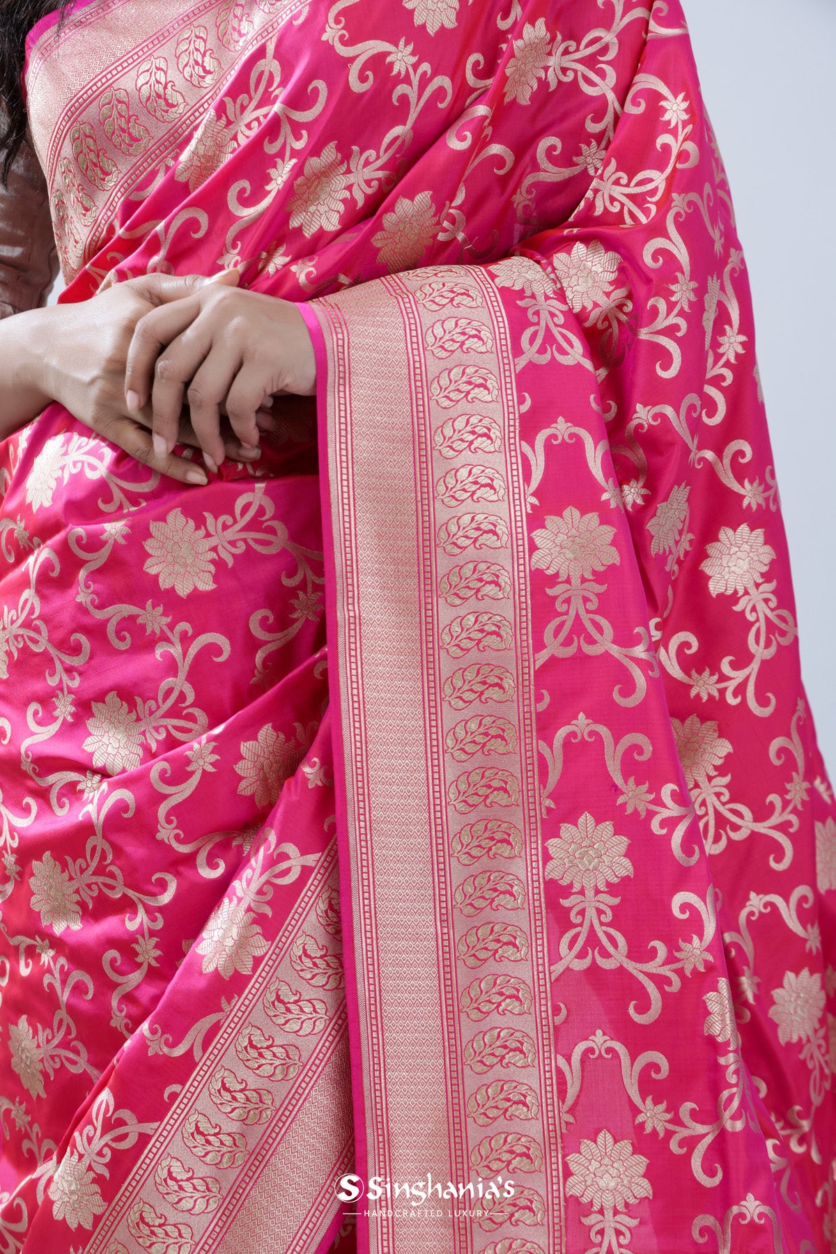 French Pink Banarasi Silk Saree With Floral Jaal Design