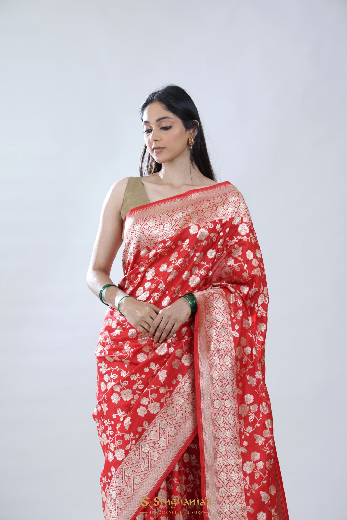 Persian Red Banarasi Silk Saree With Floral Jaal Weaving