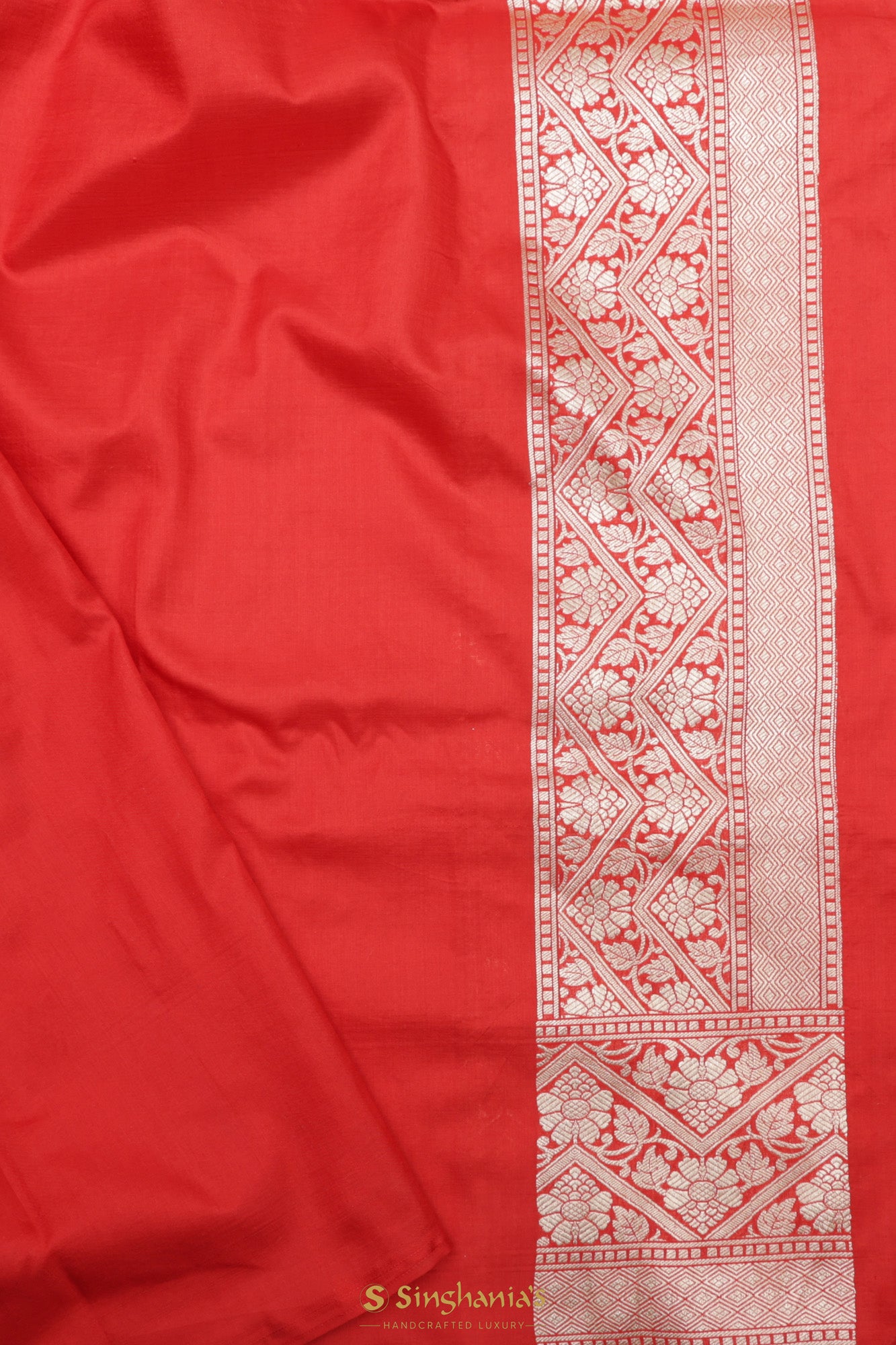 Persian Red Banarasi Silk Saree With Floral Jaal Weaving