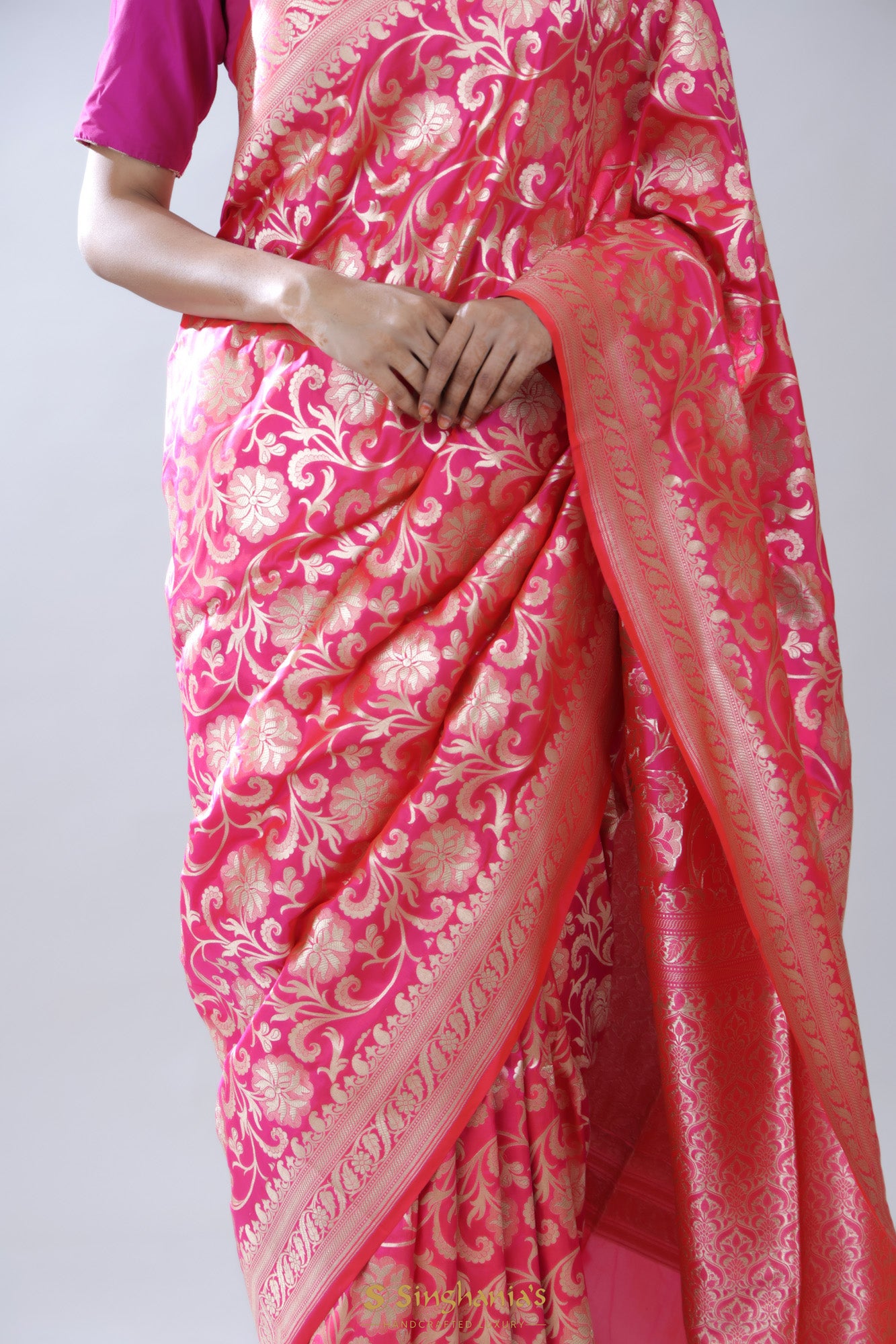 French Fuchsia Pink Banarasi Silk Saree With Floral Jaal Weaving