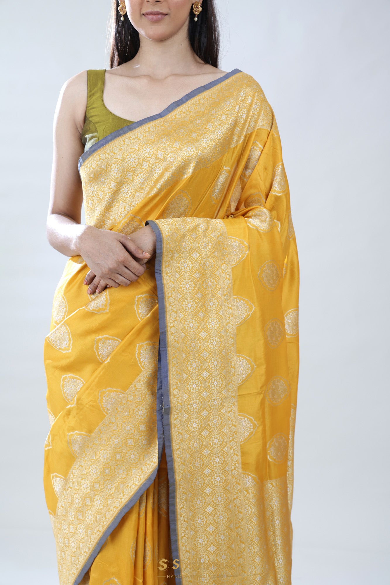 Turmeric Yellow Banarasi Silk Saree With Floral Buttas