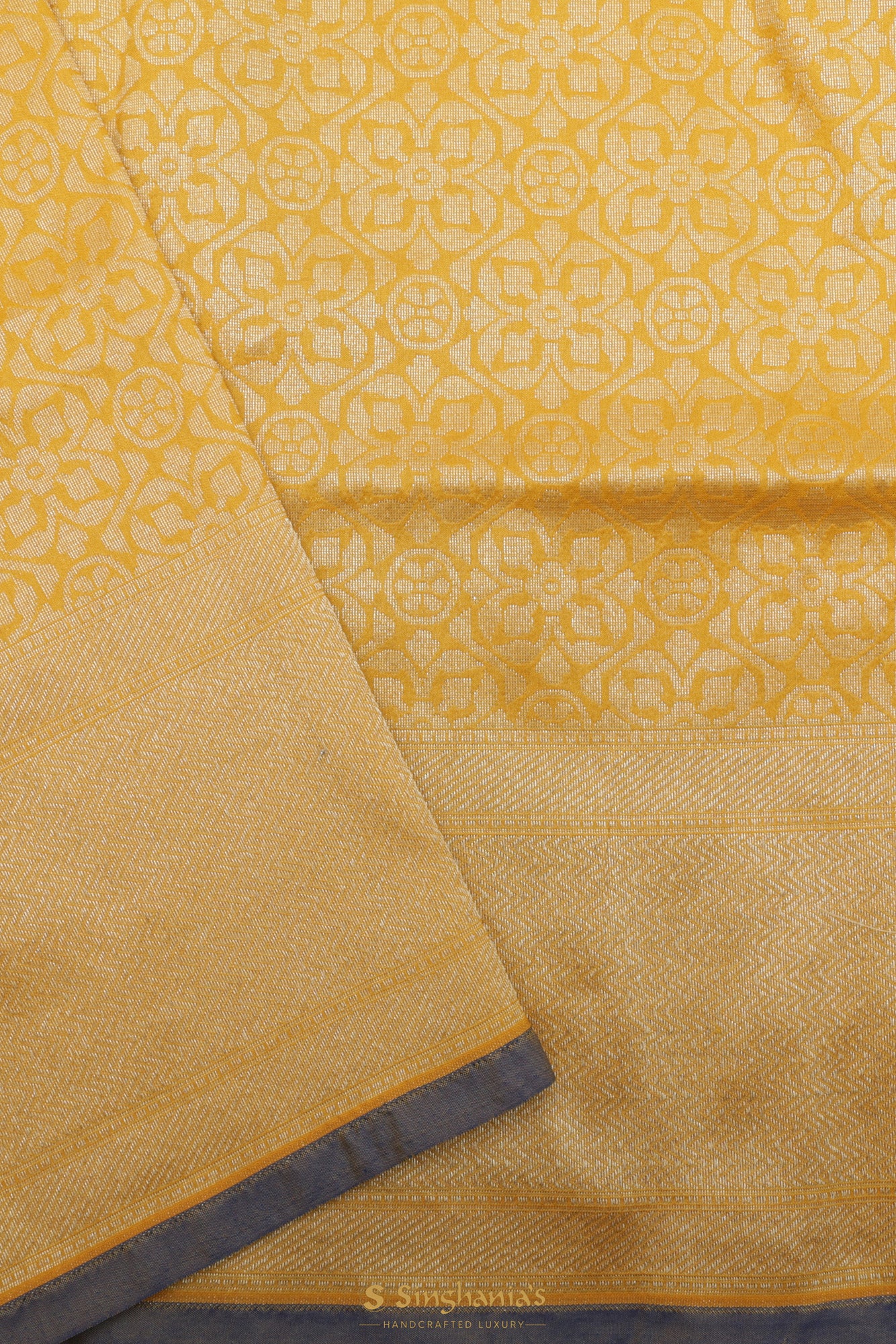 Turmeric Yellow Banarasi Silk Saree With Floral Buttas