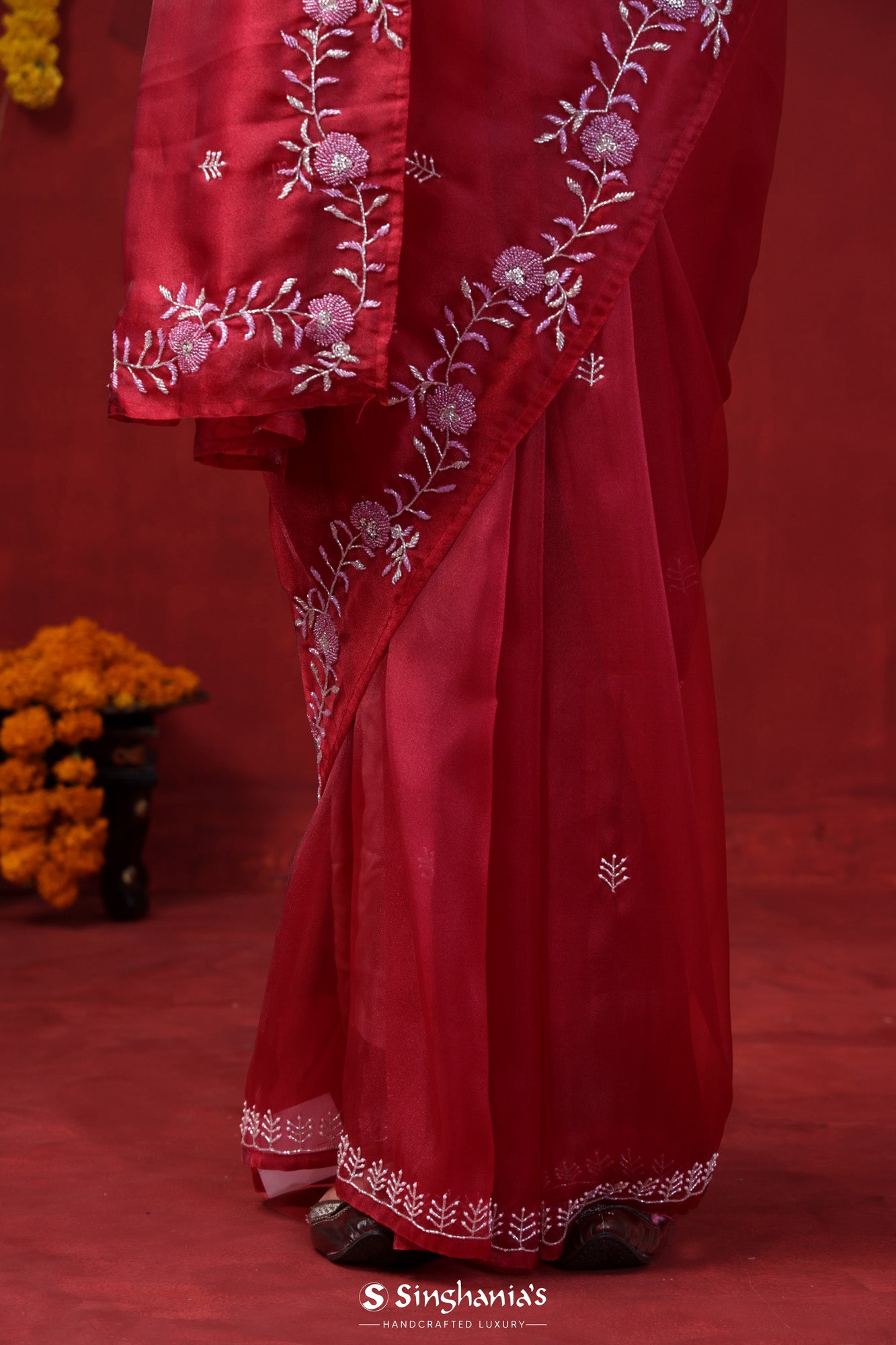 Rum Red Tissue Organza Designer Saree With Hand Embroidery