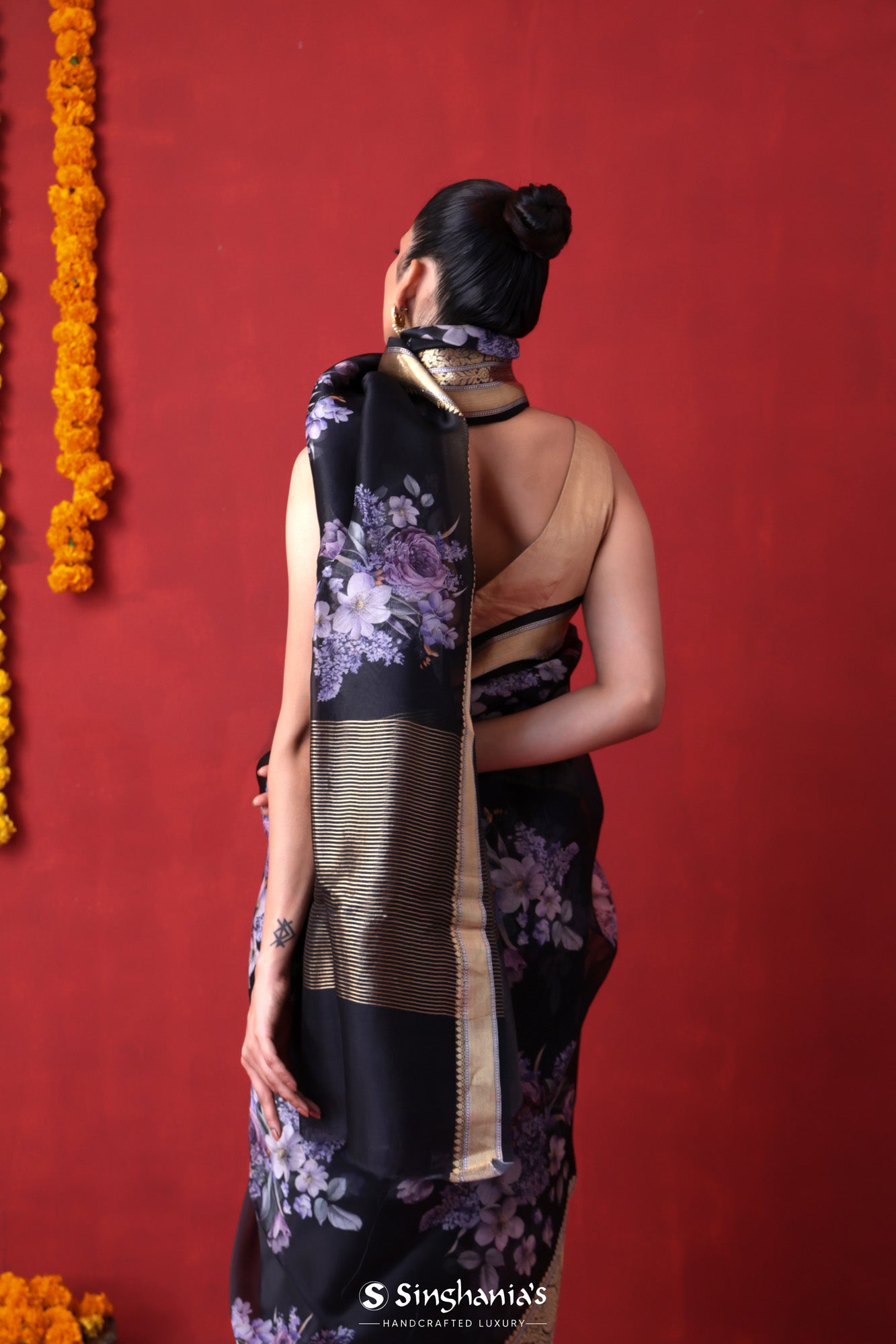 Rich Black Printed Organza Designer Saree With Kanjivaram Border
