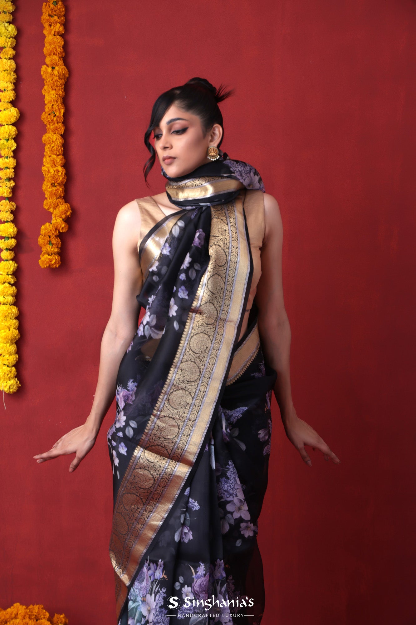 Rich Black Printed Organza Designer Saree With Kanjivaram Border
