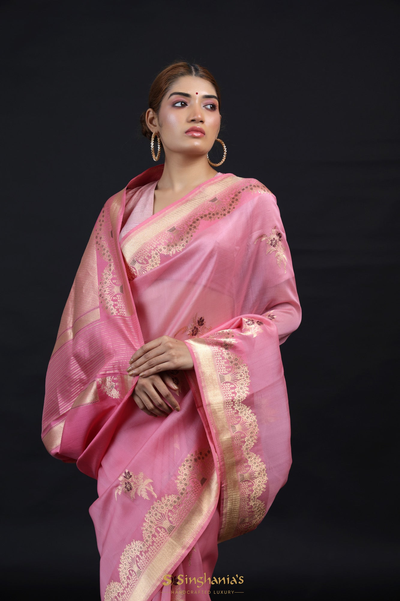 Flamingo Pink Tissue Organza Banarasi Saree With Floral Motif Weaving