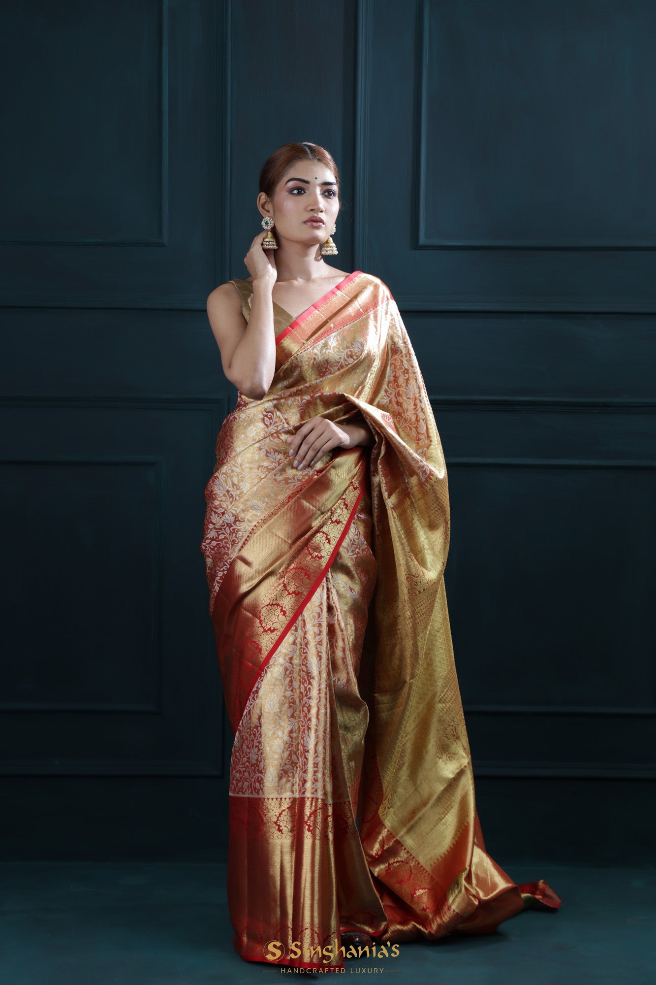 Coral Red Tissue Kanjivaram Saree With Floral Jaal Weaving
