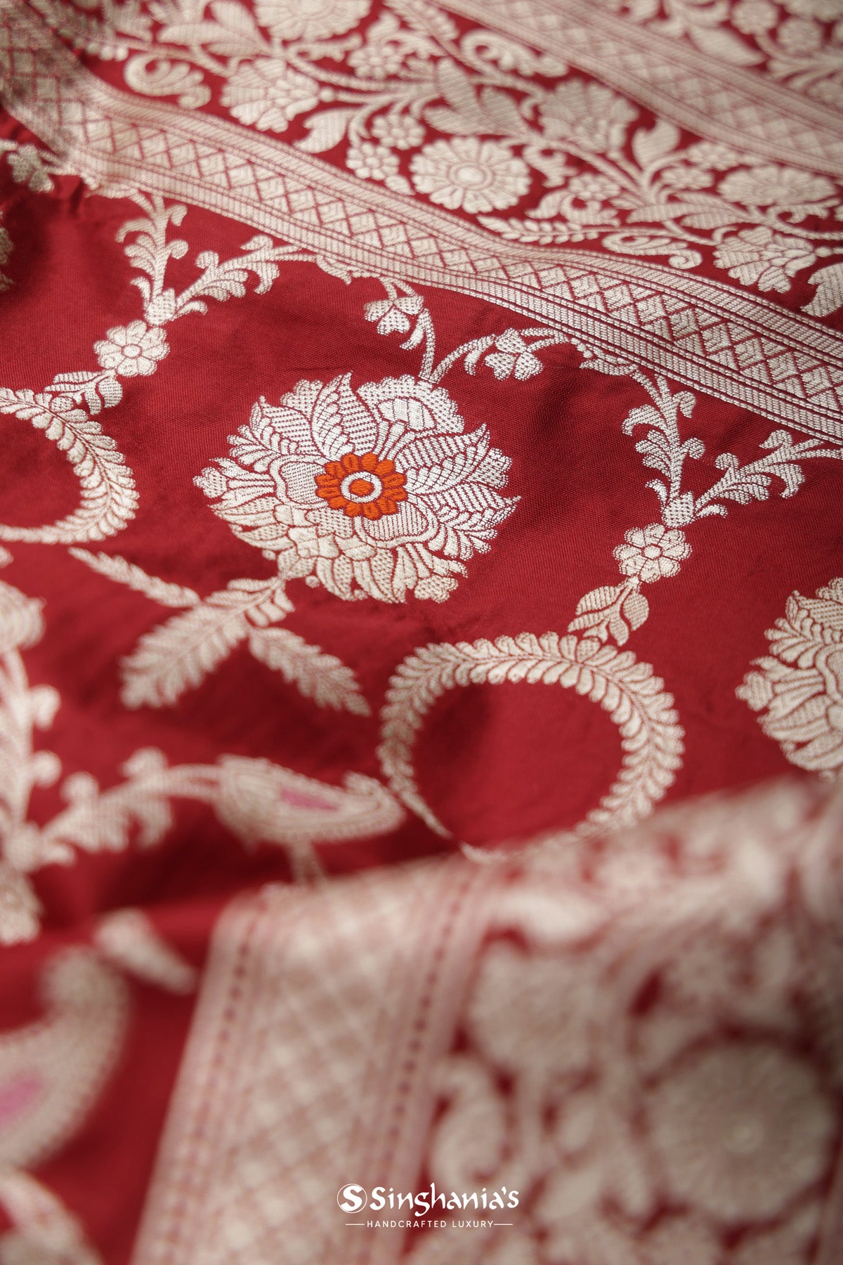 Vermillion Red Banarasi Silk Saree With Floral Jaal Weaving