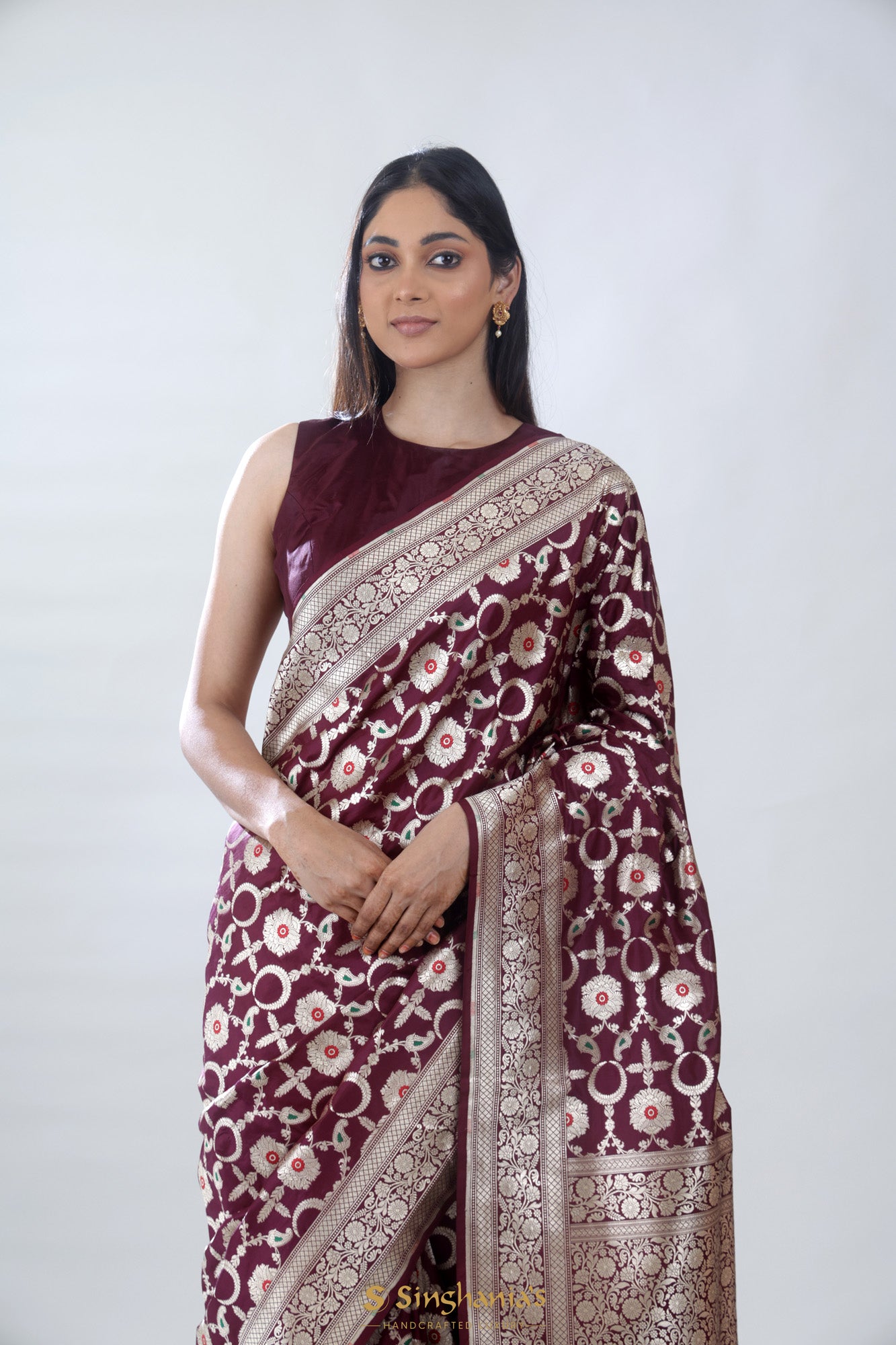 Deep Brown Katan Banarasi Silk Saree With Floral Jaal Weaving