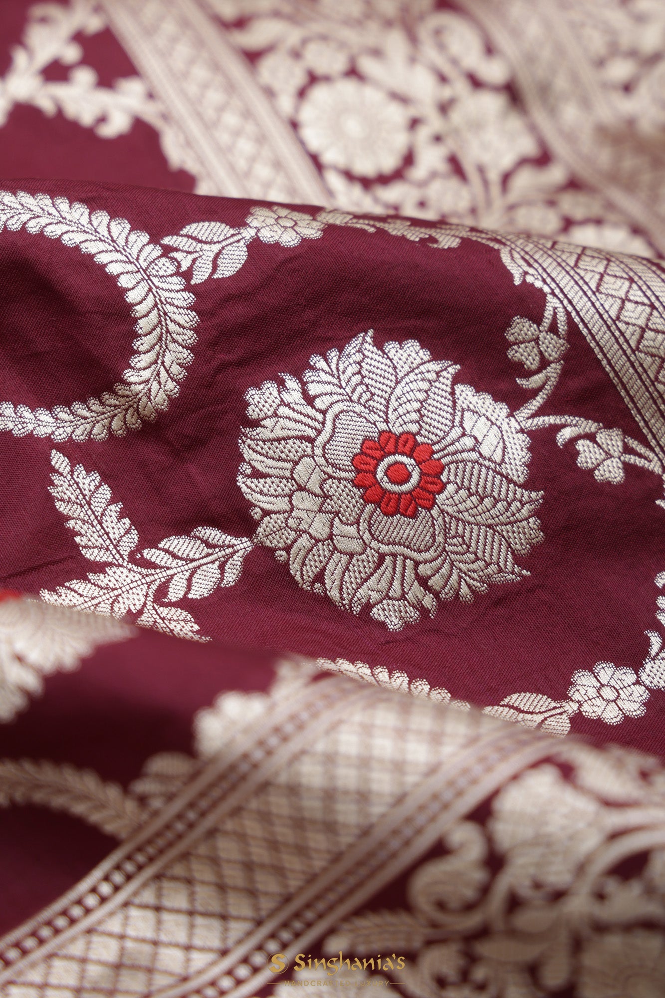 Deep Brown Katan Banarasi Silk Saree With Floral Jaal Weaving