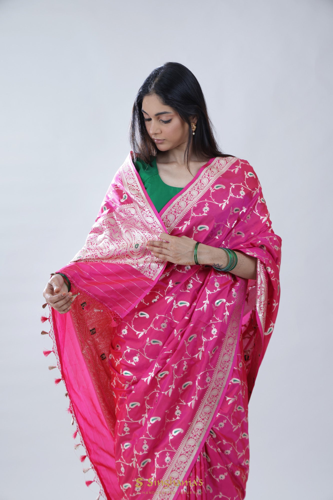 Dark Pink Floral Jaal Banarasi Silk Saree