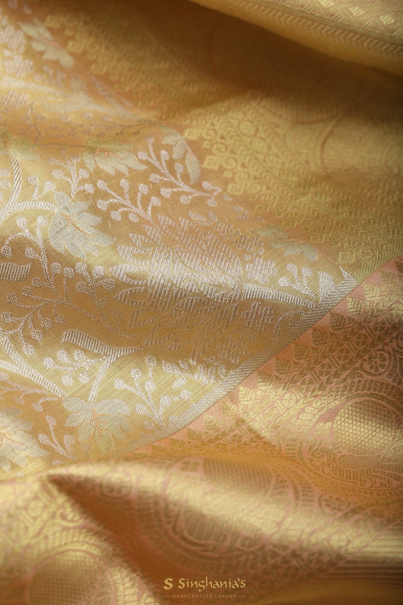 Yuma Gold Tissue Kanjivaram Saree With Floral Jaal Weaving