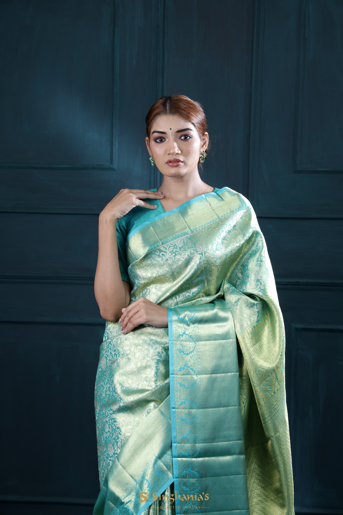 Blue-Green Tissue Kanjivaram Saree With Floral Jaal Weaving