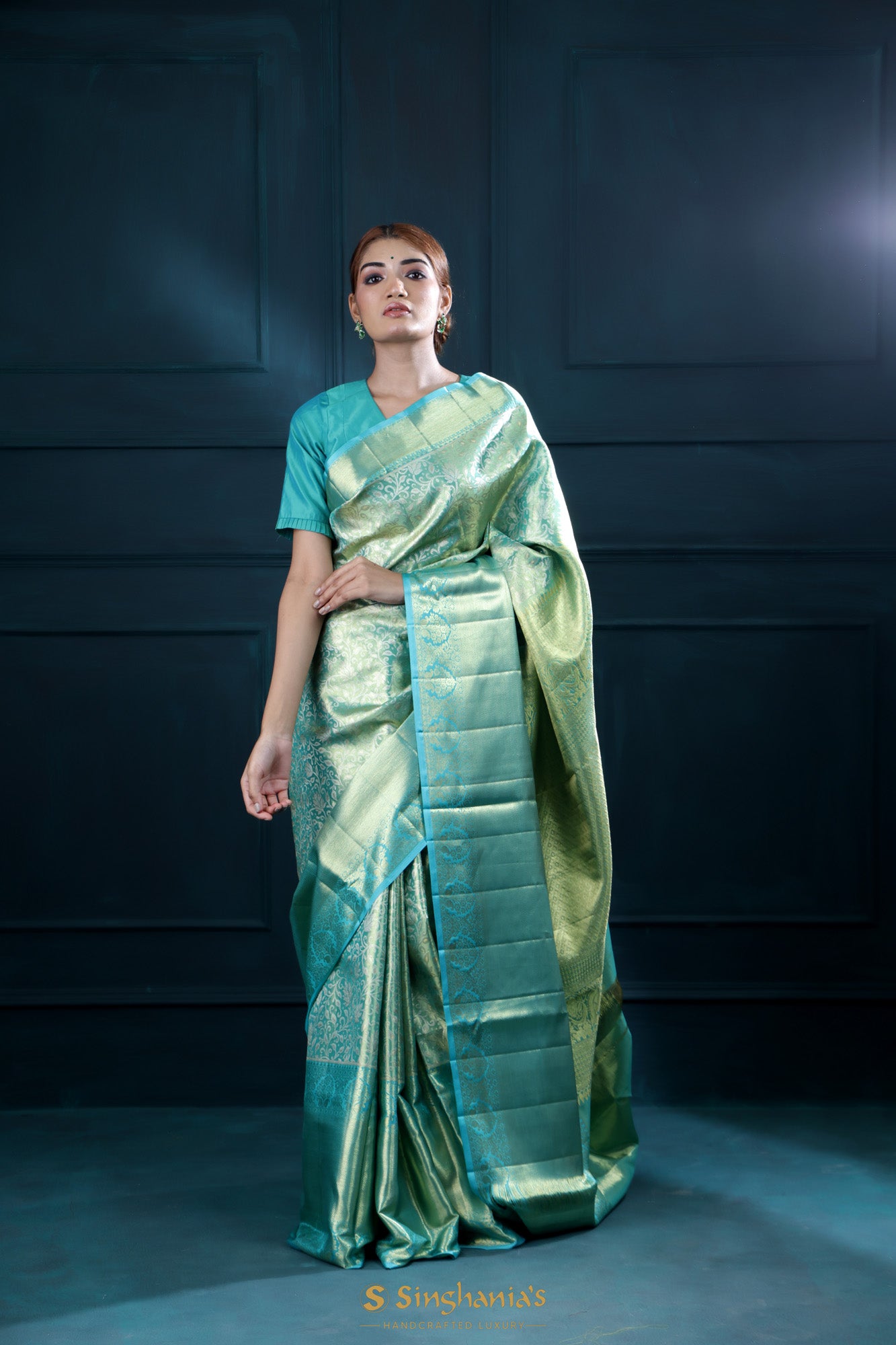 Blue-Green Tissue Kanjivaram Saree With Floral Jaal Weaving