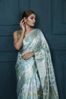 Blue Multicolour Banarasi Silk Saree With Floral Jaal Weaving