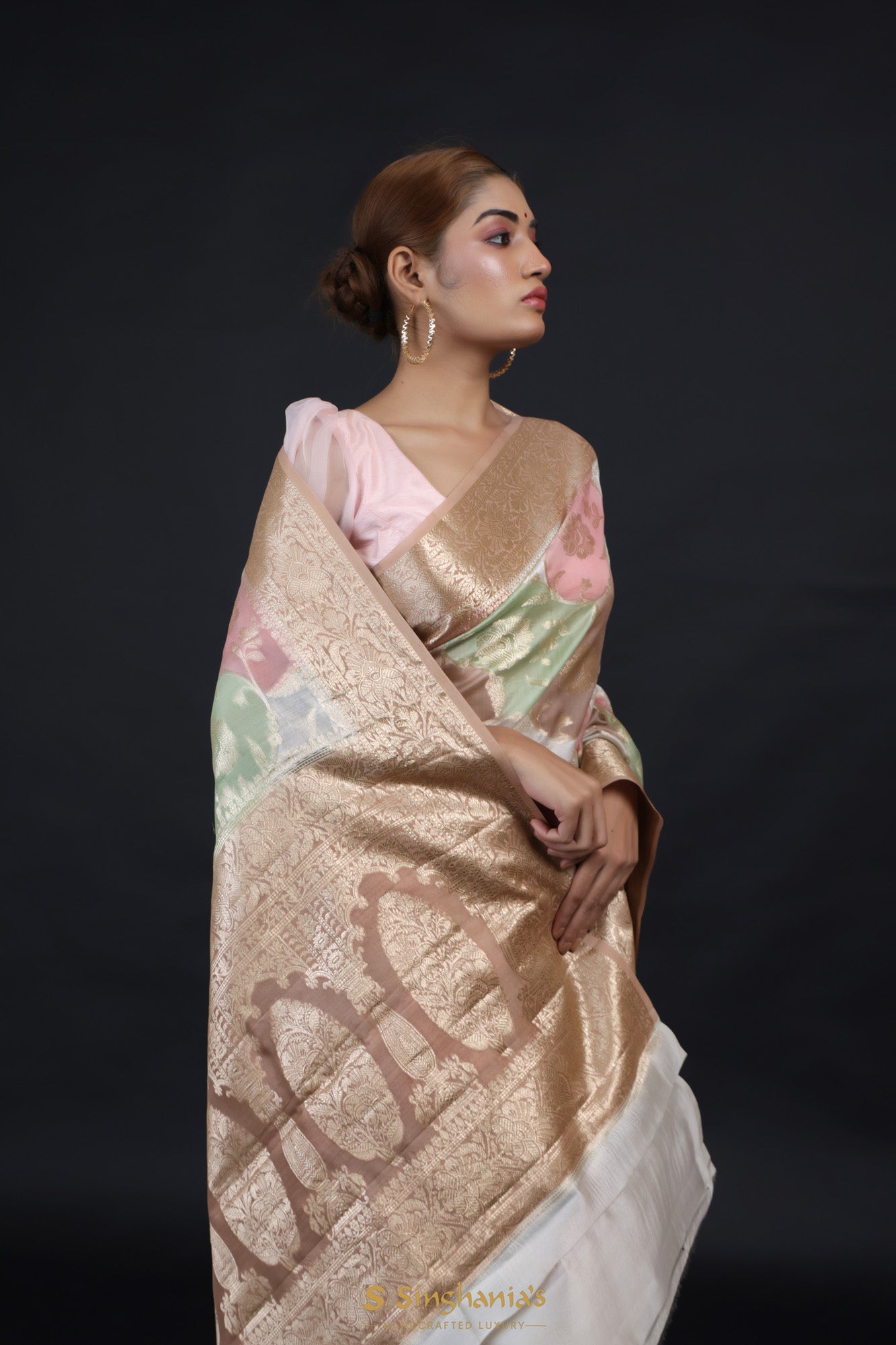 Golden Brown Rangkat Banarasi Silk Saree With Floral Weaving