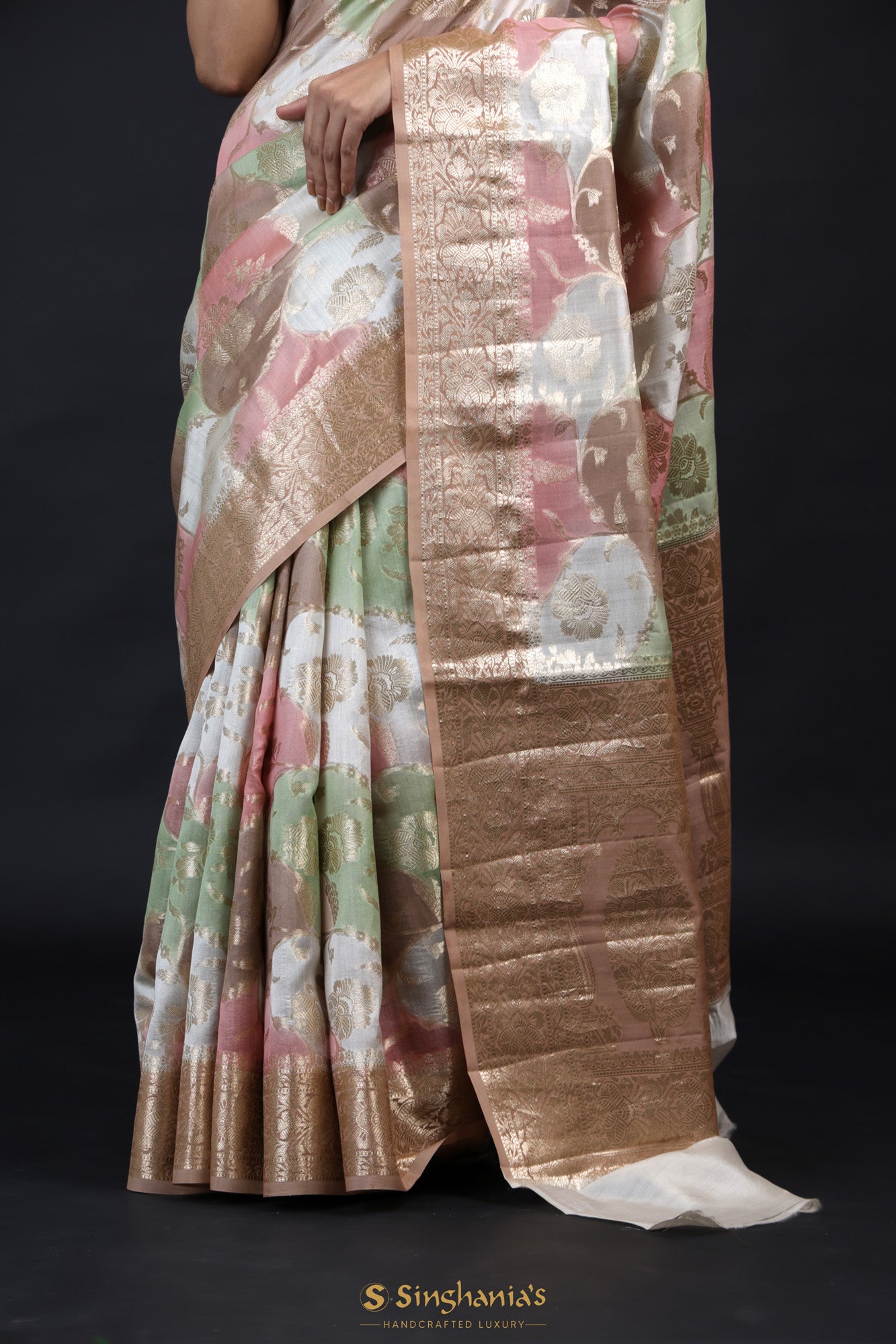 Golden Brown Rangkat Banarasi Silk Saree With Floral Weaving