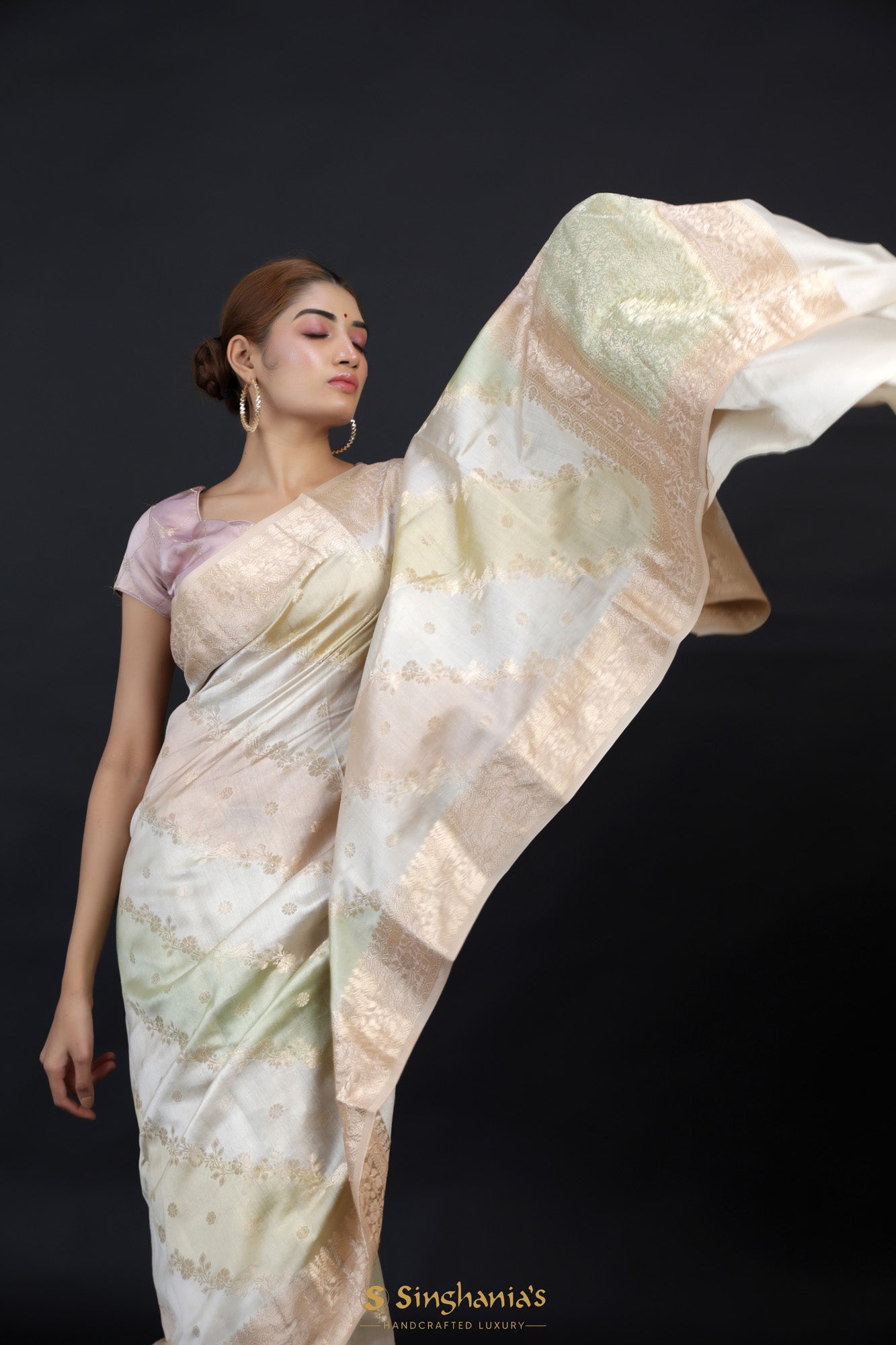 Pastel Cream Banarasi Silk Handwoven Saree With Floral Weaving