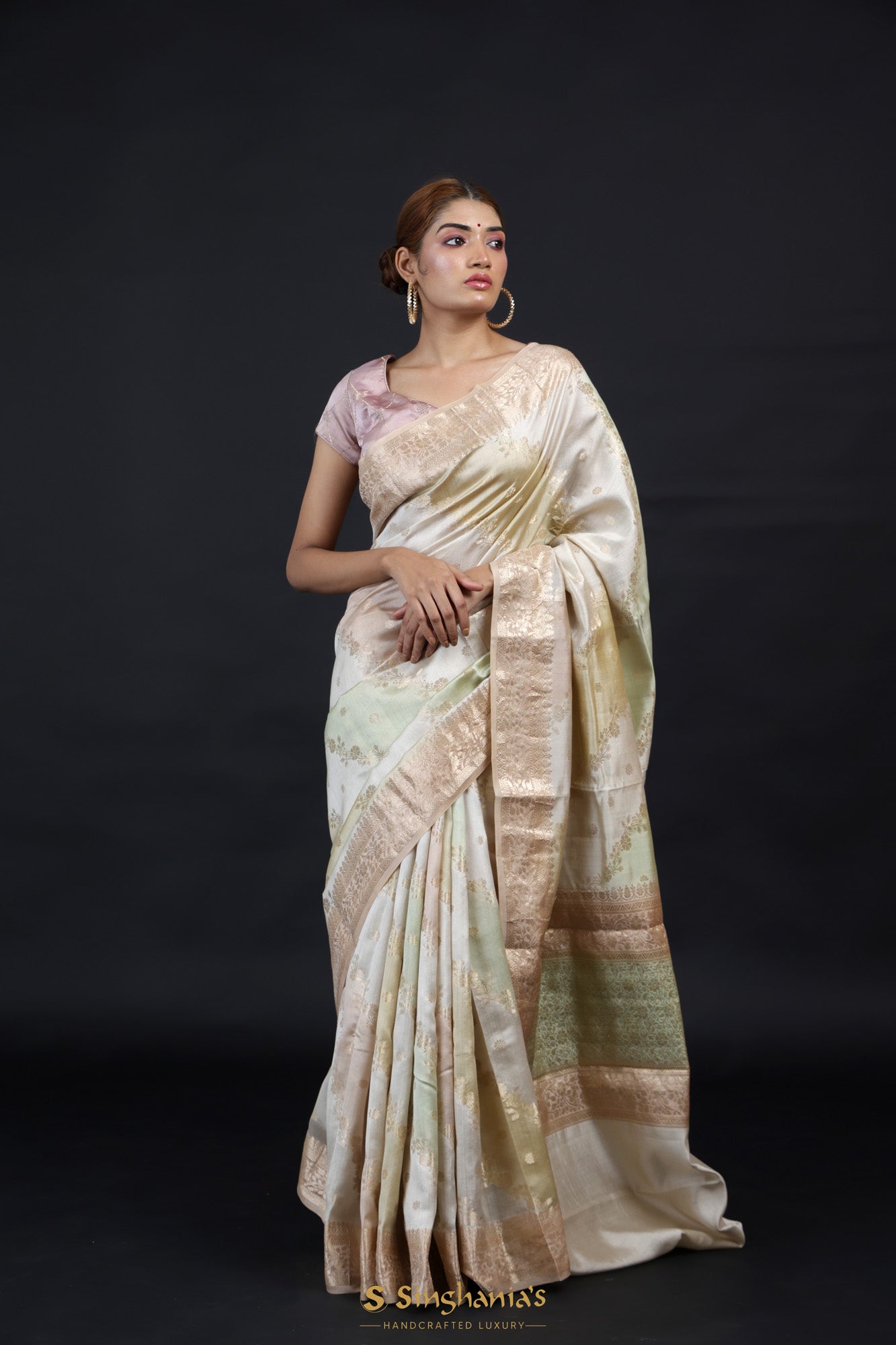 Pastel Cream Banarasi Silk Handwoven Saree With Floral Weaving